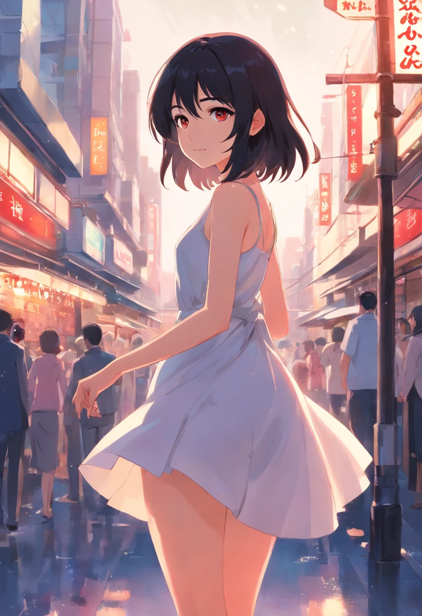 Detailed caricature, Young Caucasian girl with black straight hair and crimson eyes, White Porcelain Leather, full bodyesbian, White ball gown and big breasts, hightquality, High resolution, 8K, hard disk, (Well-designed body), Amazing body, (super detailed), beautidful eyes, ultra-detailliert, Ultra Elista,barechested,M-shaped legs