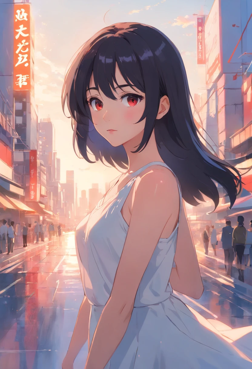 Caricatura detallada, Young white girl with straight black hair and crimson eyes, piel blanca de porcelana, cuerpo completo, pechos grandes con vestido blanco de gala, alta calidad, High resolution, 8k, Disco duro, (Well-designed body), Amazing body, (Super detailed), Hermosos ojos, ultra detallado, Ultraealista