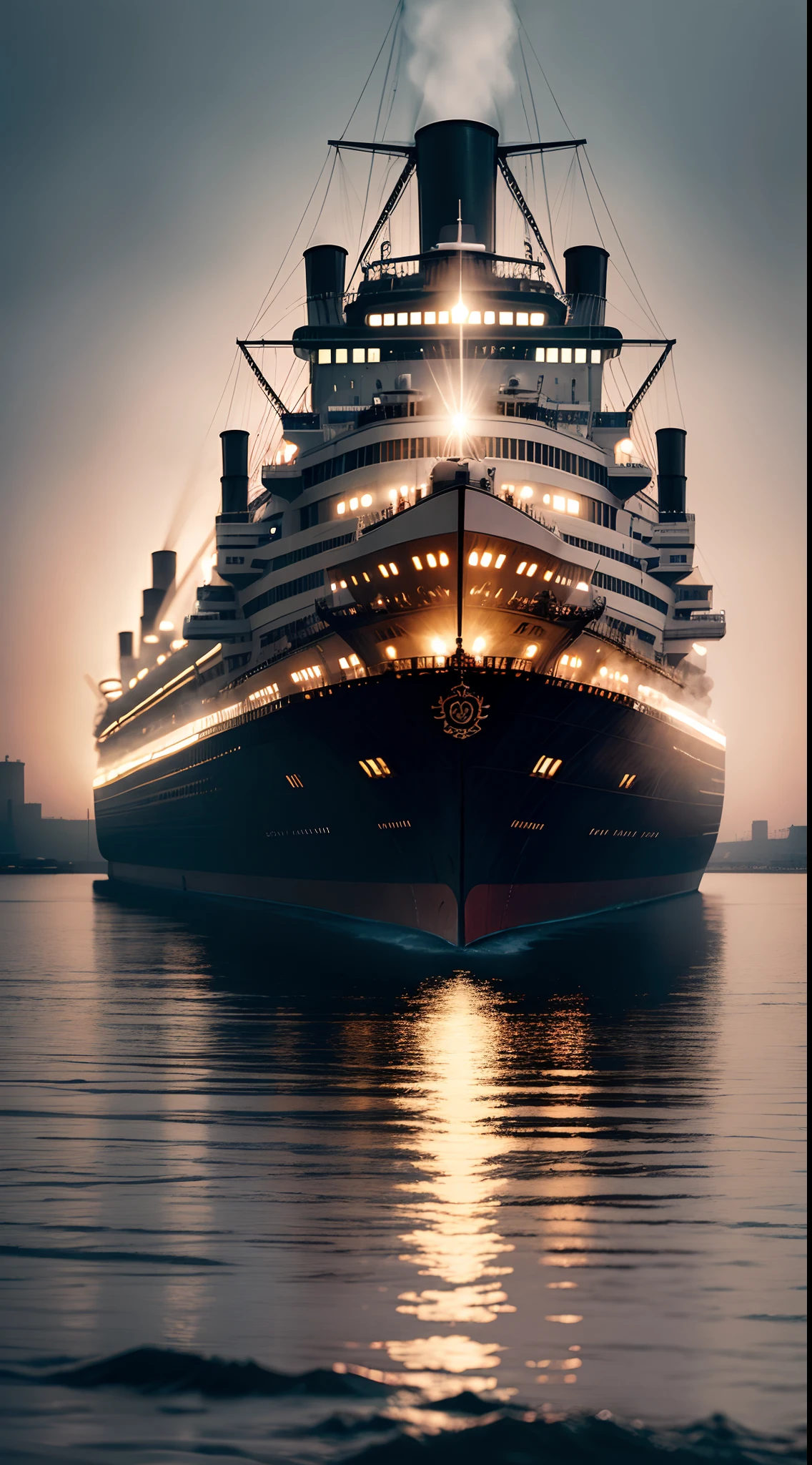 Generate an image that adds a sense of foreboding to The Queen Mary, with ghostly entities