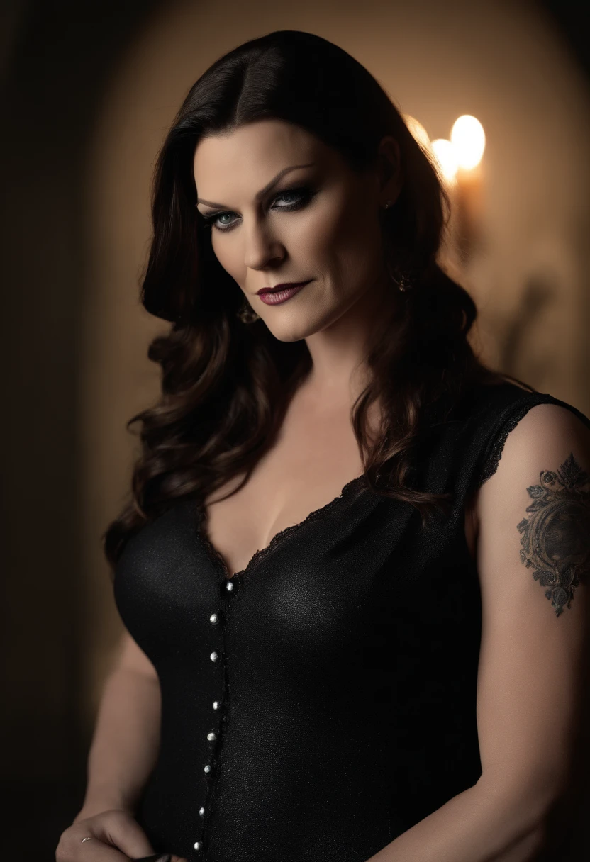 ((Floor jansen)) is a (fully nude, topless:1.5) woman, ((masterpiece)), realistic face, nipples, ultrarealistic, dslr, 8k uhd, true face, celebrity, detailed, detailed facial features, suggestive, seductive, sexy, detailed lips, stark contrast, shadows, fog, lighting, professional, photoshot, subtle freckles, subtle tattoos on arms, belly, eye makeup:1.5, kayal, dark eyeshadow:1.5,
