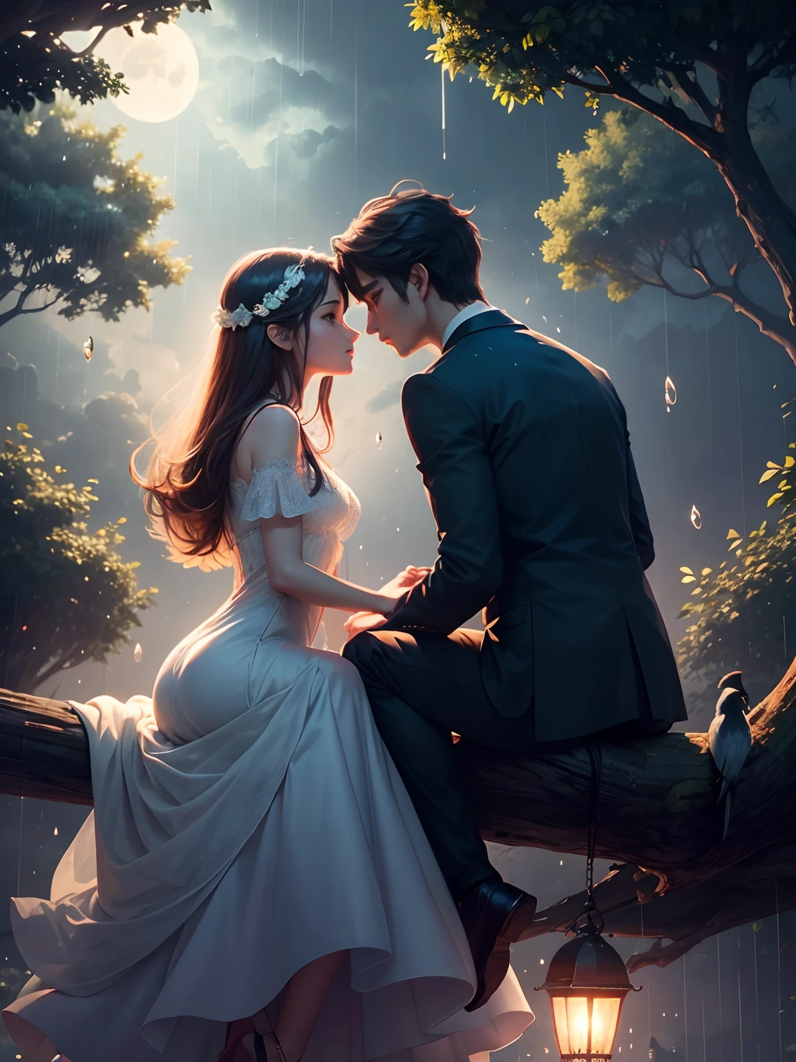 A beautiful birds couple sitting on a tree and sharing love to each other at night with the rays of moon and a little rain drops falling from the tree.