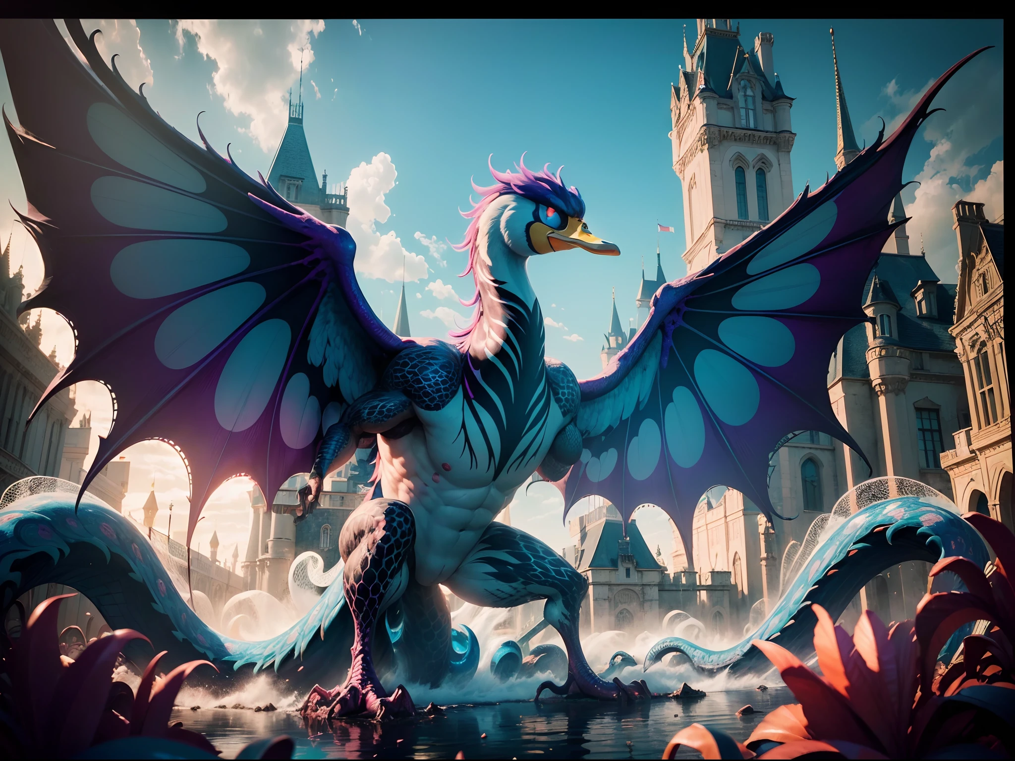 ((Masterpiece), ((Best Quality)), ((Ultra-detailed)), “Witness Duck Donald’s venomized evolution as he stands defiantly against the iconic backdrop of the Walt Disney castle, enveloped in an enchanting ((brock hofer style)), hyper beast, hyper monster, monster, colorfull, High detailed, Saturated colors, tentacles, zombies, blood, dark, carnage, guns, Color magic, vaporwave style, film grain style fujifilm XT3. HDR DSLR.