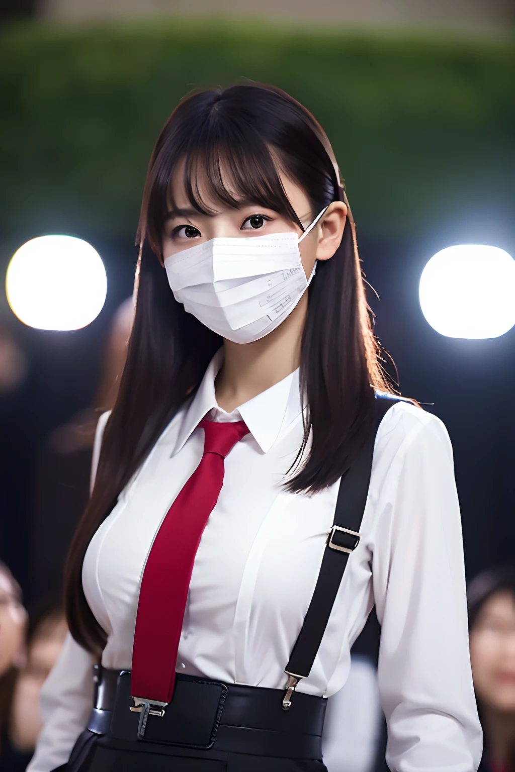 ​masterpiece、top-quality、The ultra -The high-definition、、colourfull、flat-colors、depth of fields、lens flare 1 girl、、A dark-haired、watching at viewers　suits　Cutter shirt　a belt　suspenders　working adults　materia　OL　Black Suit　Black jacket　glares　Big Breasts Mask