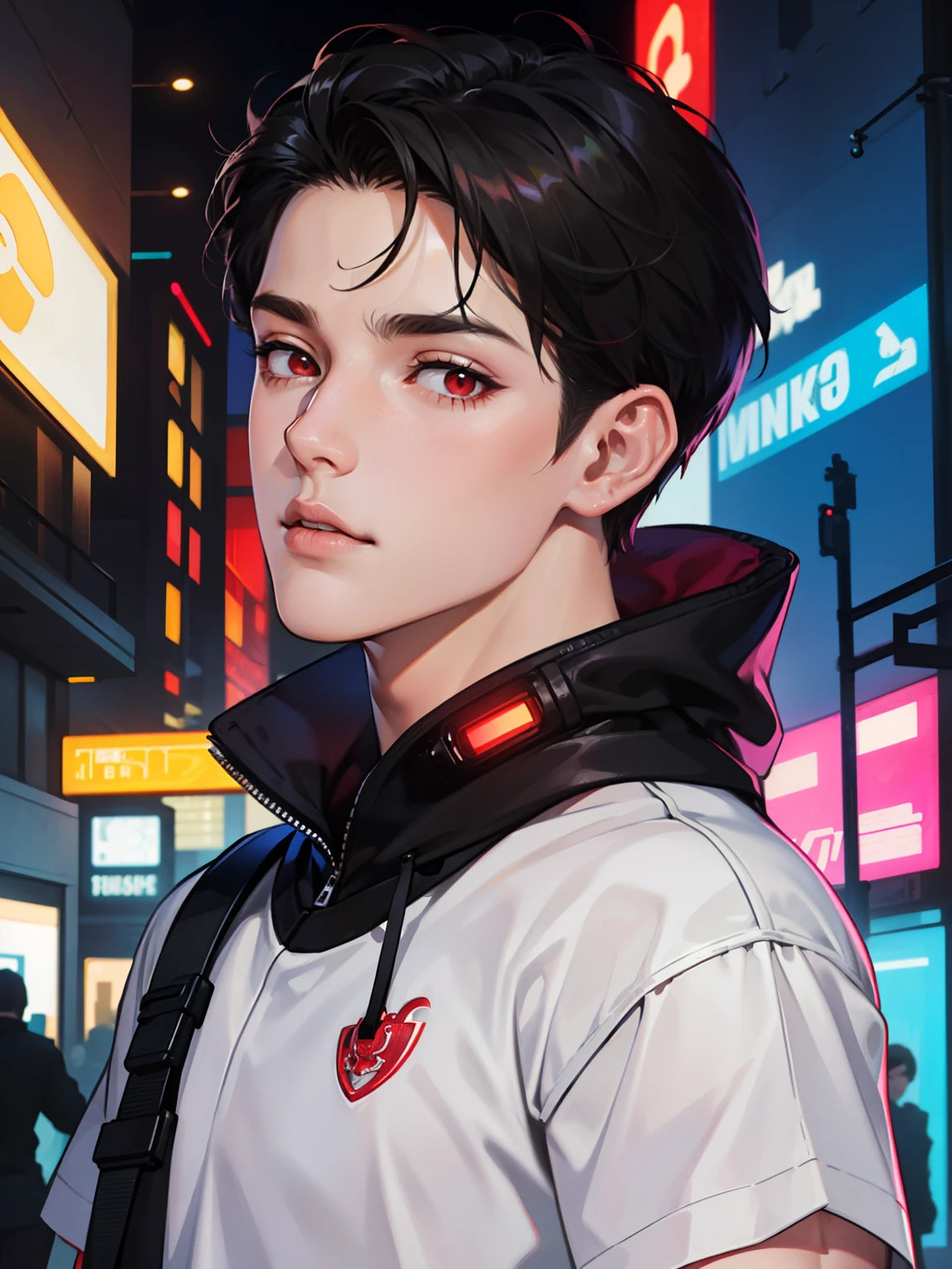 (1male, very short black hair, red eyes, rosy cheeks, pretty face, slim waist), ((detailed face)), cyberpunk