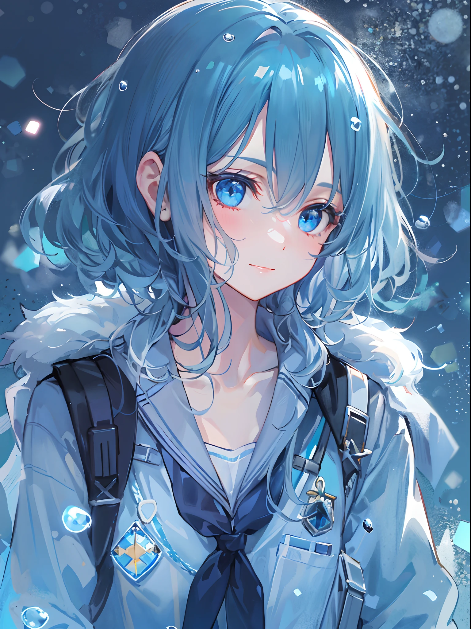 ((top-quality)), ((​masterpiece)), ((ultra-detailliert)), (Extremely delicate and beautiful), girl with, 独奏, cold attitude,((Black jacket)),She is very(relax)with  the(Settled down)Looks,A dark-haired, depth of fields,Evil smile,Bubble, under the water, Air bubble,bright light blue eyes,inner color with bright gray hair and light blue tips,,,,,,,Cold background,Bob Hair - Linear Art, shortpants、knee high socks、White uniform like school uniform、Light blue ribbon ties、Clothes are sheer、Hands in pockets、Bright eyes like sapphire,Fronllesse Blue, A small blue light was floating、Upper Eyes、glass shards、Snowflake eyes、fantastic eyes