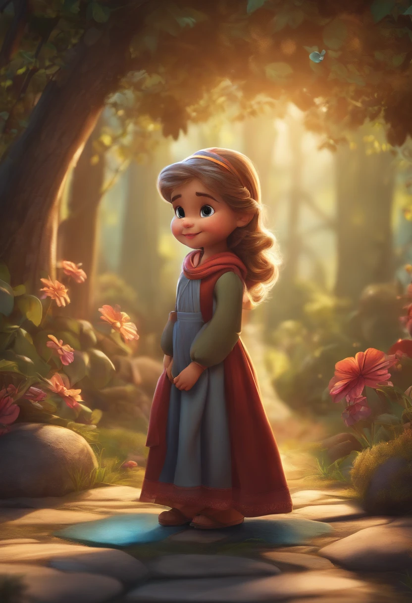 La mejor calidad, Ultra detallado,fotorrealista:1.37), A detailed illustration of little girl elf. Once. Tiene llamativos ojos color miel y cabello negro trenzado.. His little ears peek out from under his hat, and she is dressed in a long flowing skirt. The artwork shows vivid colors and a realistic representation of the character.. Lighting creates a warm and magical atmosphere.