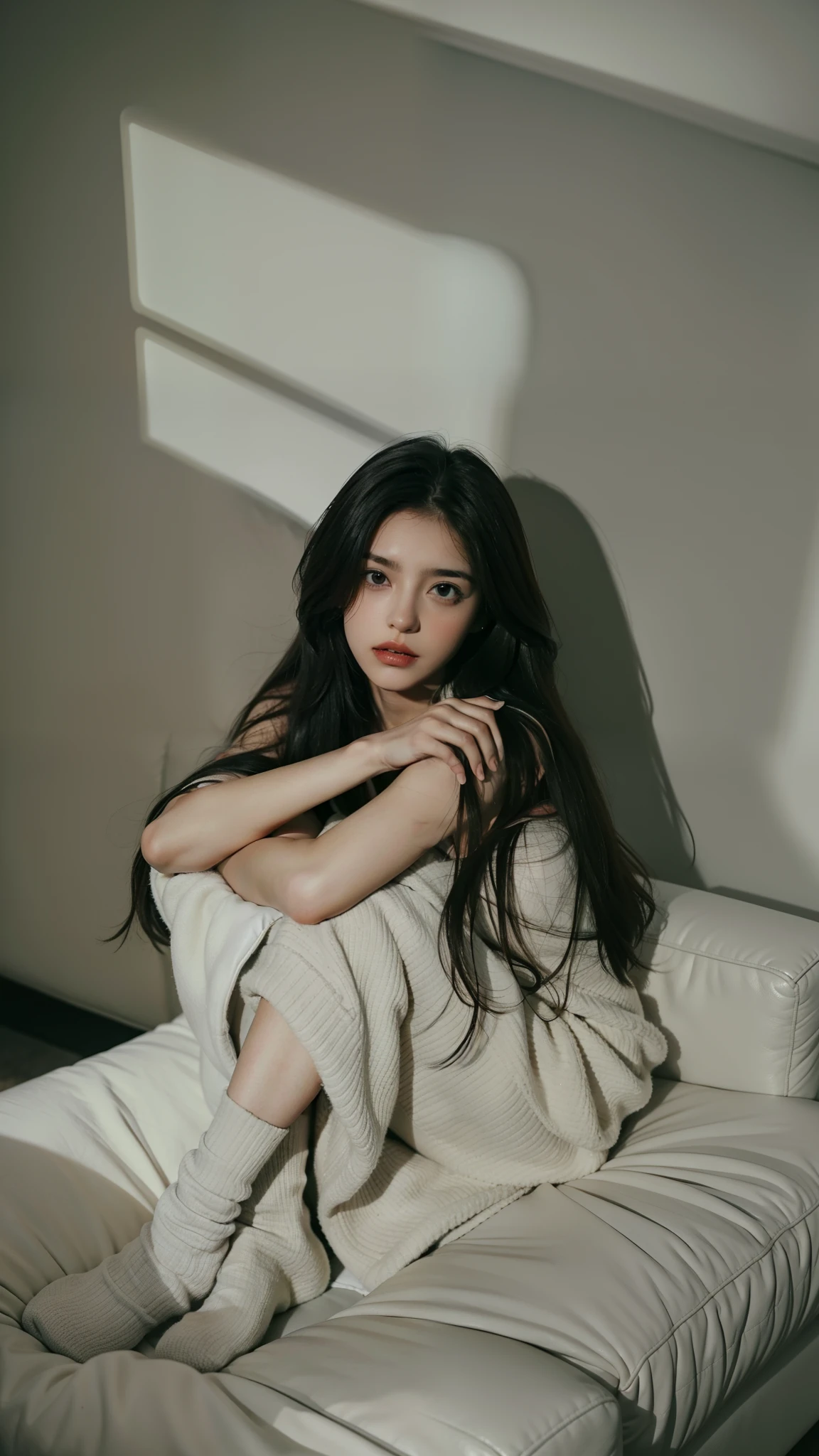 1girl,sitting on a cozy couch,cruzar as pernas,luz suave