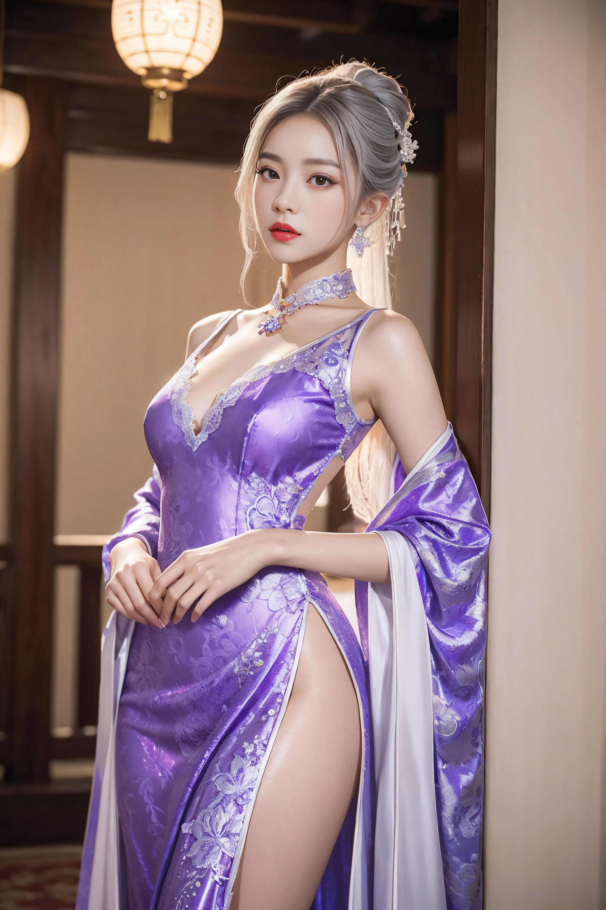 photorealistic, high resolution, soft light, 1women (charming Russian model Nata Lee), light blonde hair, solo, hips up, blue eyes, shining skin, (detailed face), Chinese female national costume ((purple color), Chinese dragon pattern fabric), A very sexy Chinese cheongsam, The background is a Chinese style room.