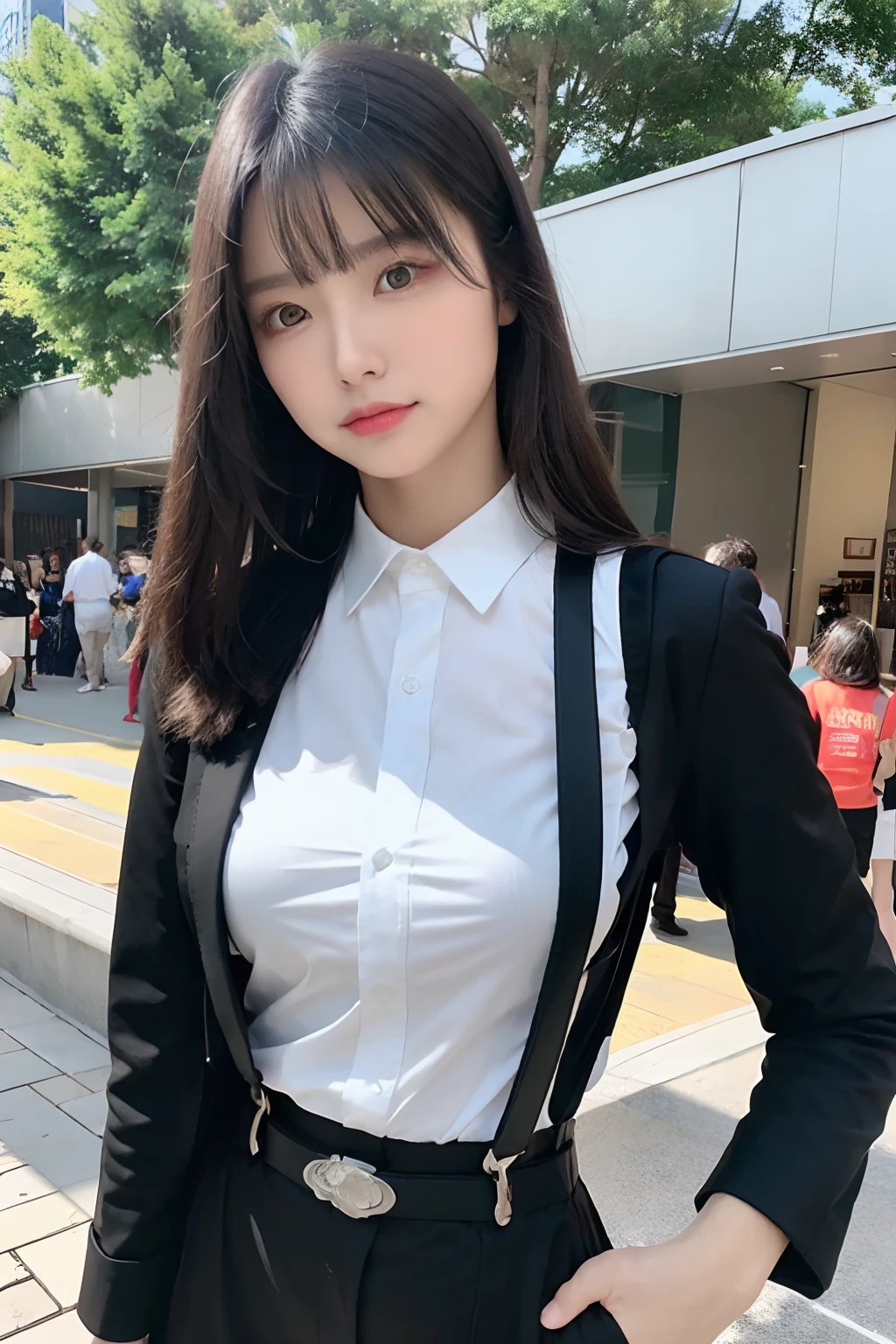 masterpiece、top-quality、The ultra -The high-definition、、colourfull、flat-colors、depth of fields、lens flare 1 girl、、A dark-haired、watching at viewers suits Cutter shirt a belt suspenders working adults materia OL Black Suit Black jacket glares large full breasts