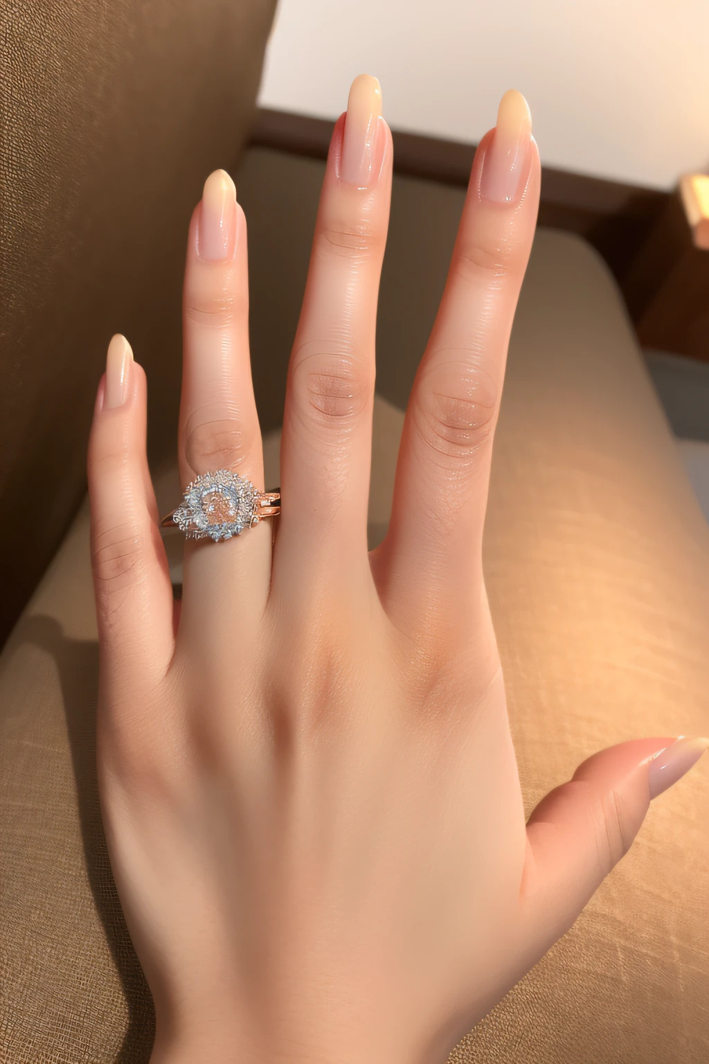 ((beautiful hand))，Certainly５Dita、Wear a beautiful gemstone engagement ring