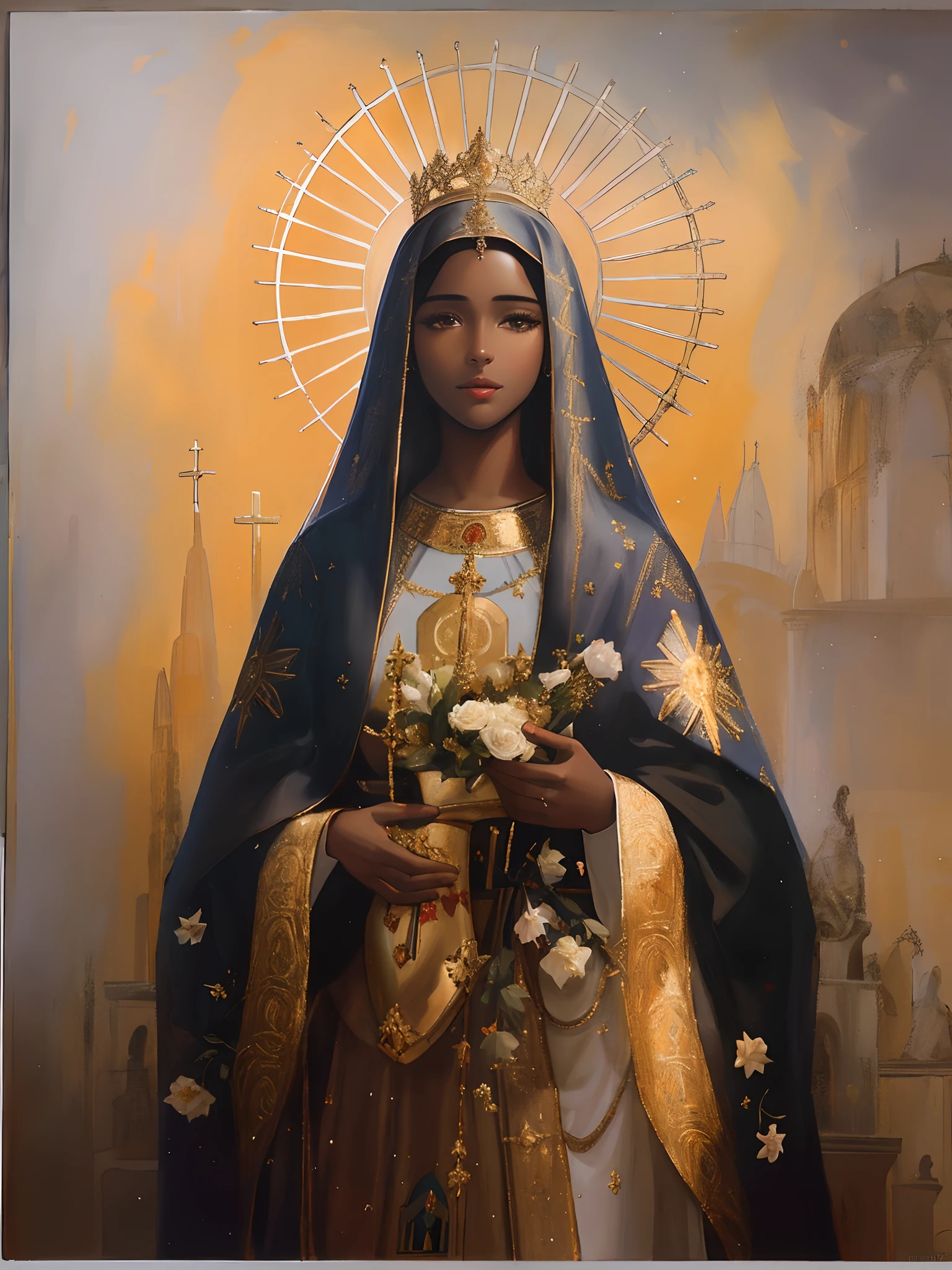 Painting of a very dark-skinned black woman holding a bouquet of flowers in her hands, Black factions on the face, e espreitar alegre, majestosa mulher de santo, fundo ceu, Retrato da Virgem Maria, Directed by: Márkus Csaba,padroeira do Brasil, Nossa senhora aparecida, Santo de ouro bonito, pele escura deusa feminina do amor, Virgem Maria, jayson tatum as mother mary, catholic religious art, catholic icon, queen of heaven, trabalho-prima', Directed by: Grzegorz Domaradzki