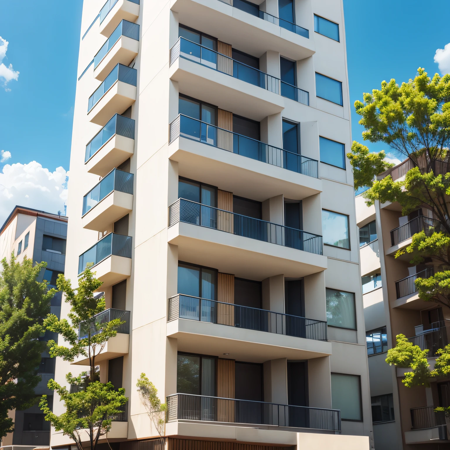 realistic photo oof a modern apartment building with few happy families, trees and blue sky, high resolution