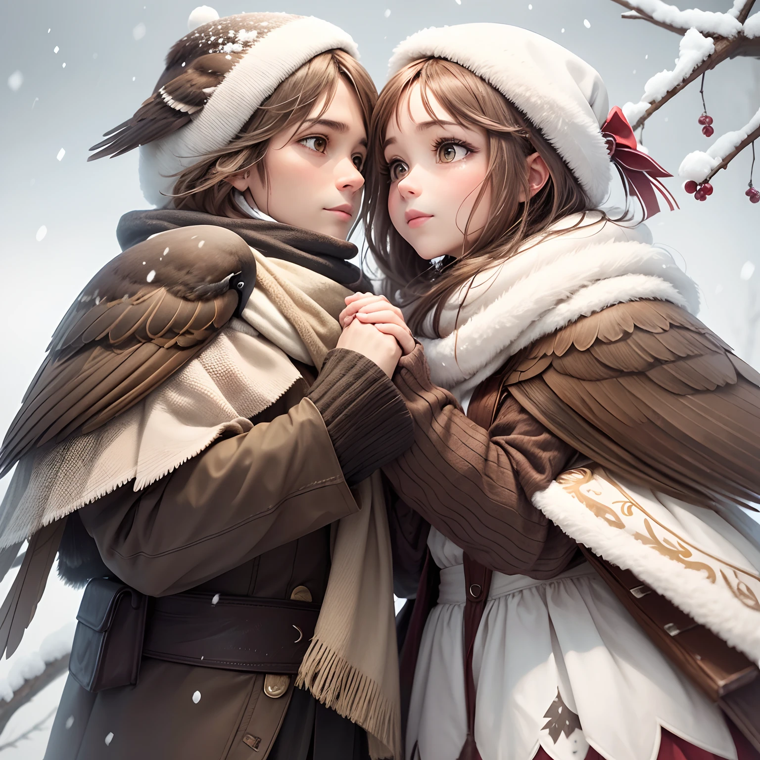 A sparrow couple sharing love to each other stting on a branch of tree and snow falling