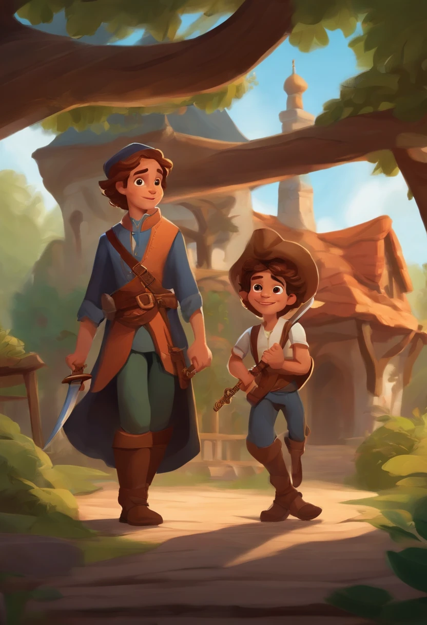 Lockiges Kind im Cartoon-Stil, holding a wooden sword in an adventure setting in his house