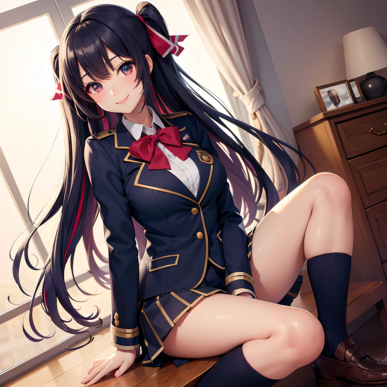 A starry sky,a beauty girl,anime a girl,Black Blazer,Ribbon on uniform,huge tit,a smile,Brown hair,blue eyess,beautiful a girl,She's an Angel,girl,Long,masterpiece,Excellent style,Loose Socks,超A high resolution