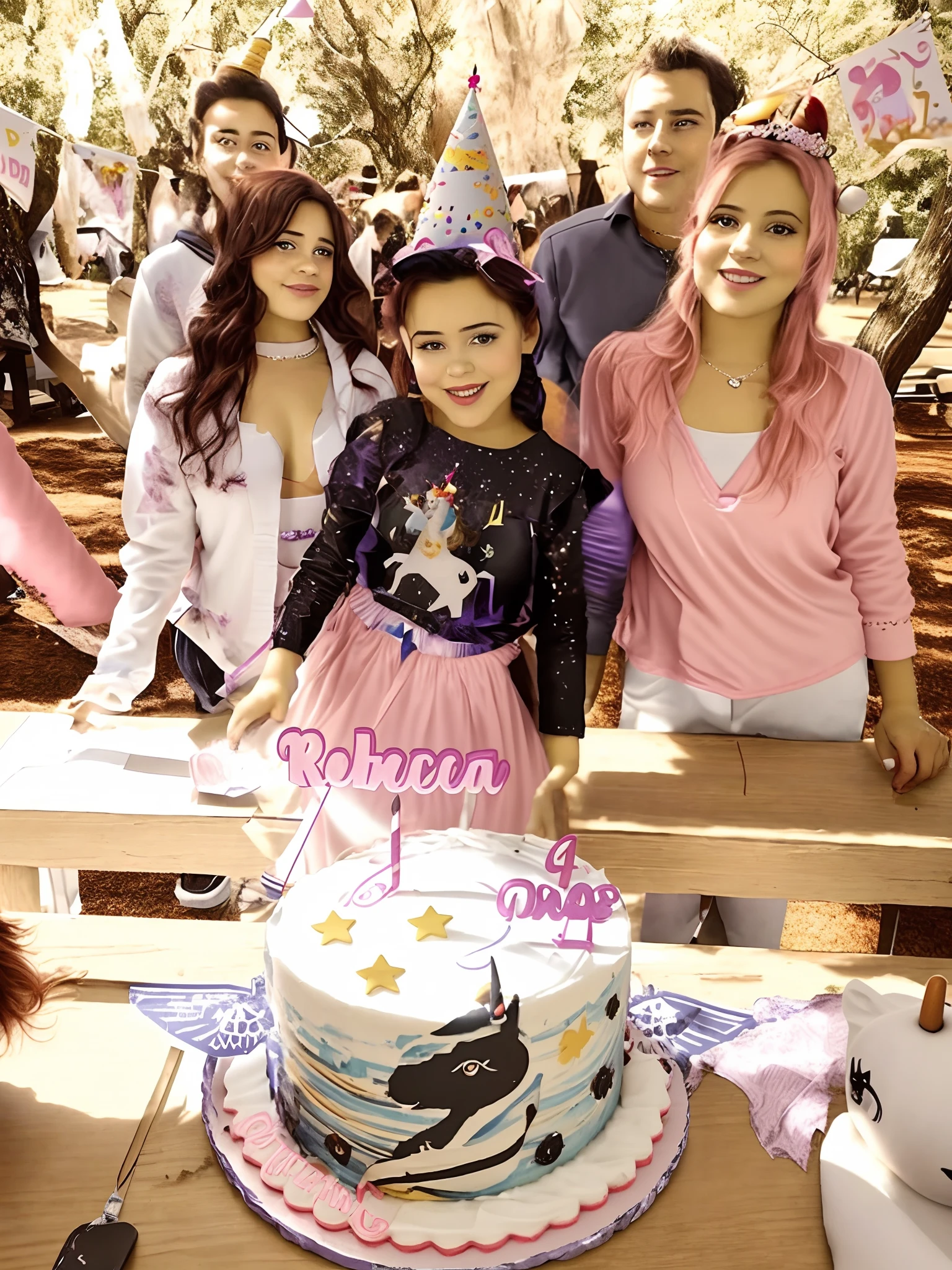 There's a group of people behind a cake with a unicorn, at a birthday party, birthday party, holding a birthday cake, divertindo-se, Detalhes adicionais, birthday cake on the ground, celebrating a birthday, Nos bastidores, 5 anos, Directed by: David Ruby, 5 anos, Directed by: Juliette Wytsman, pals have a birthday party