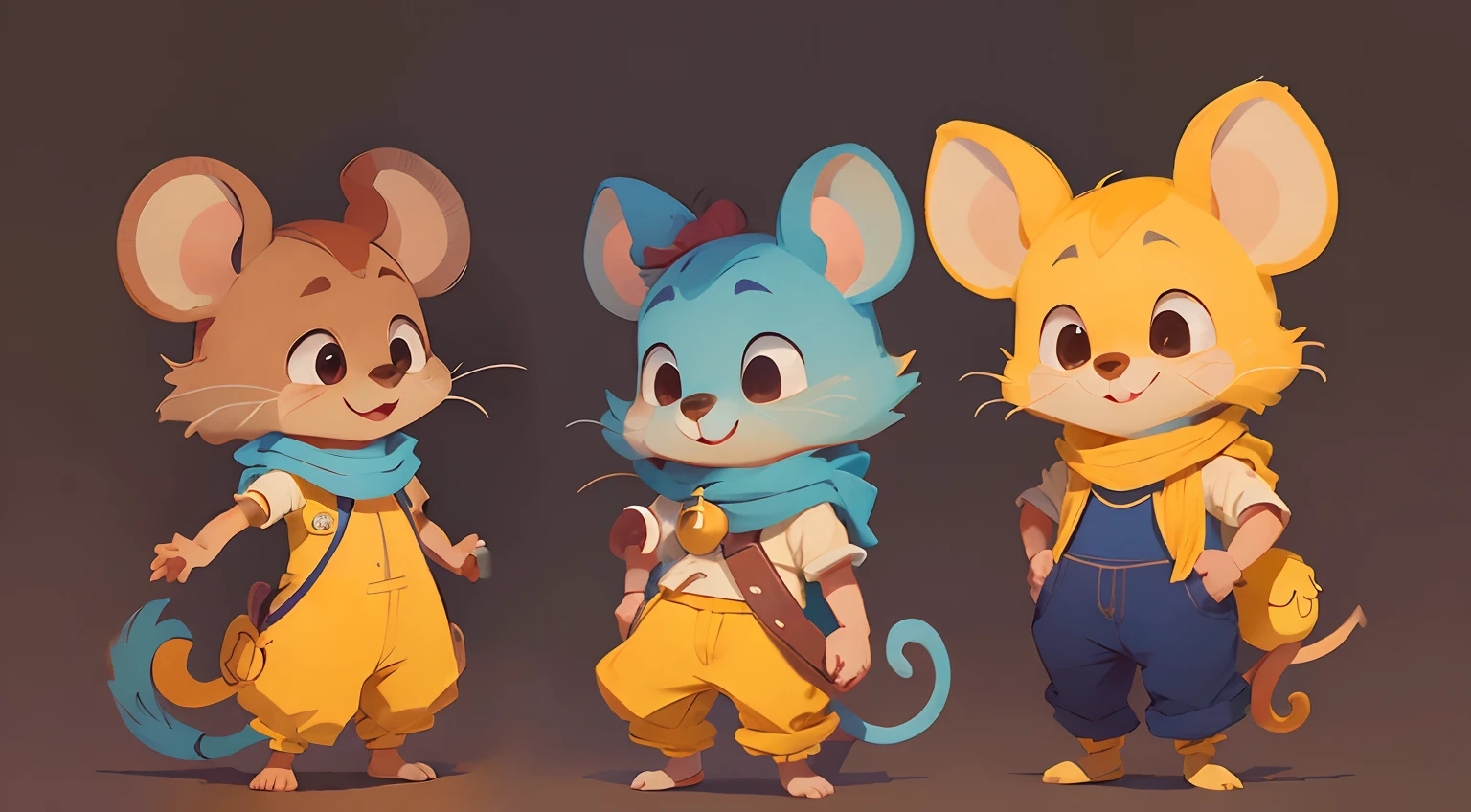 Pimpão is a charming little mouse, um sorriso encantador, Wearing a small yellow and blue colored scarf around her neck, Your eyes are small, brilhantes e expressivos, (((arms spread open))) e (((Expressions))), (((fundo branco))).