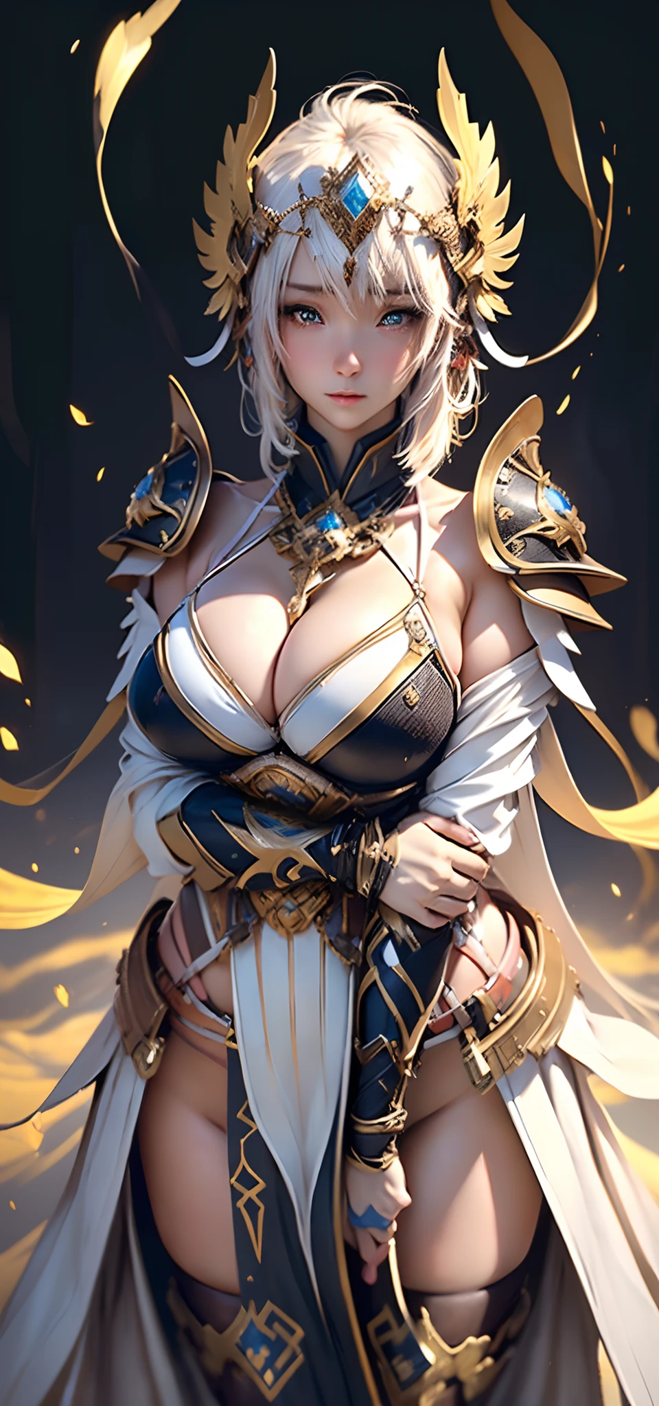 (( (tmasterpiece),(Very detailed CG Unity 8K wallpaper),best qualtiy,cinmatic lighting,细致背景,beatiful detailed eyes,Bright pupils,(Very fine and beautiful),(Beautiful and detailed eyes description),ultra - detailed,tmasterpiece,Look at viewers,hight resolution)), Curly, (Rin々I'm in a good pose), ((Dressed in insanely sexy bikini armor:1.4)), Richly decorated armor, a beautiful woman warrior, Shorthair, Platinum Blonde Hair, cleavage of the breast