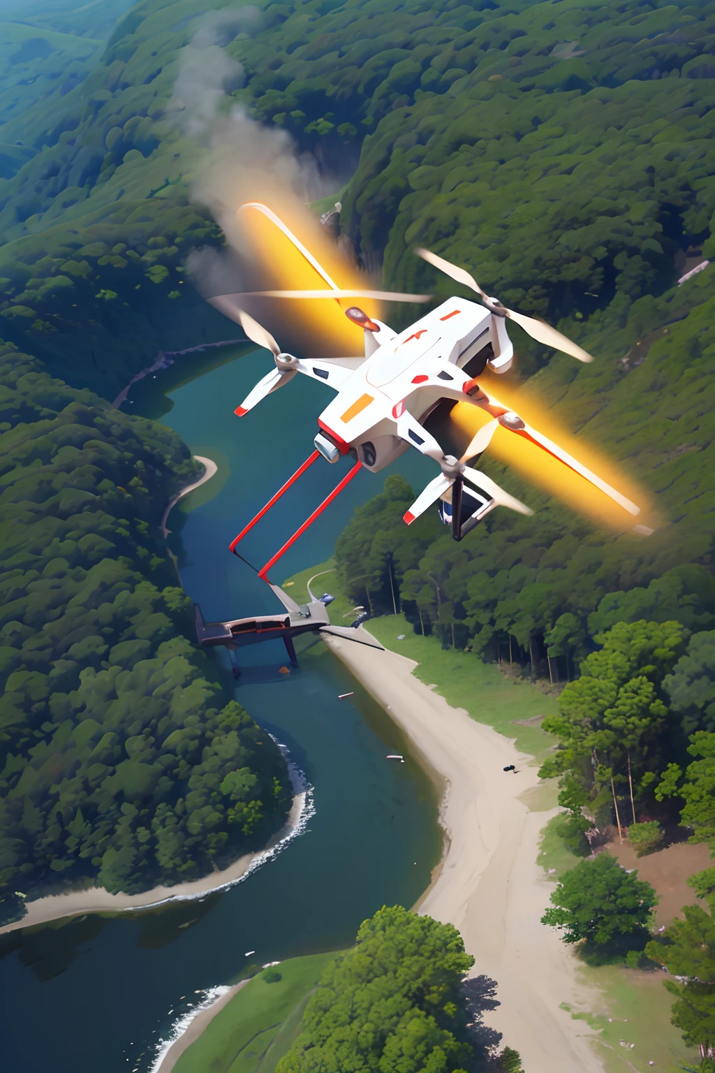 "Create an image of a drone equipped with advanced technology, Flying over a forested area, Detecting and monitoring potential fire outbreaks."