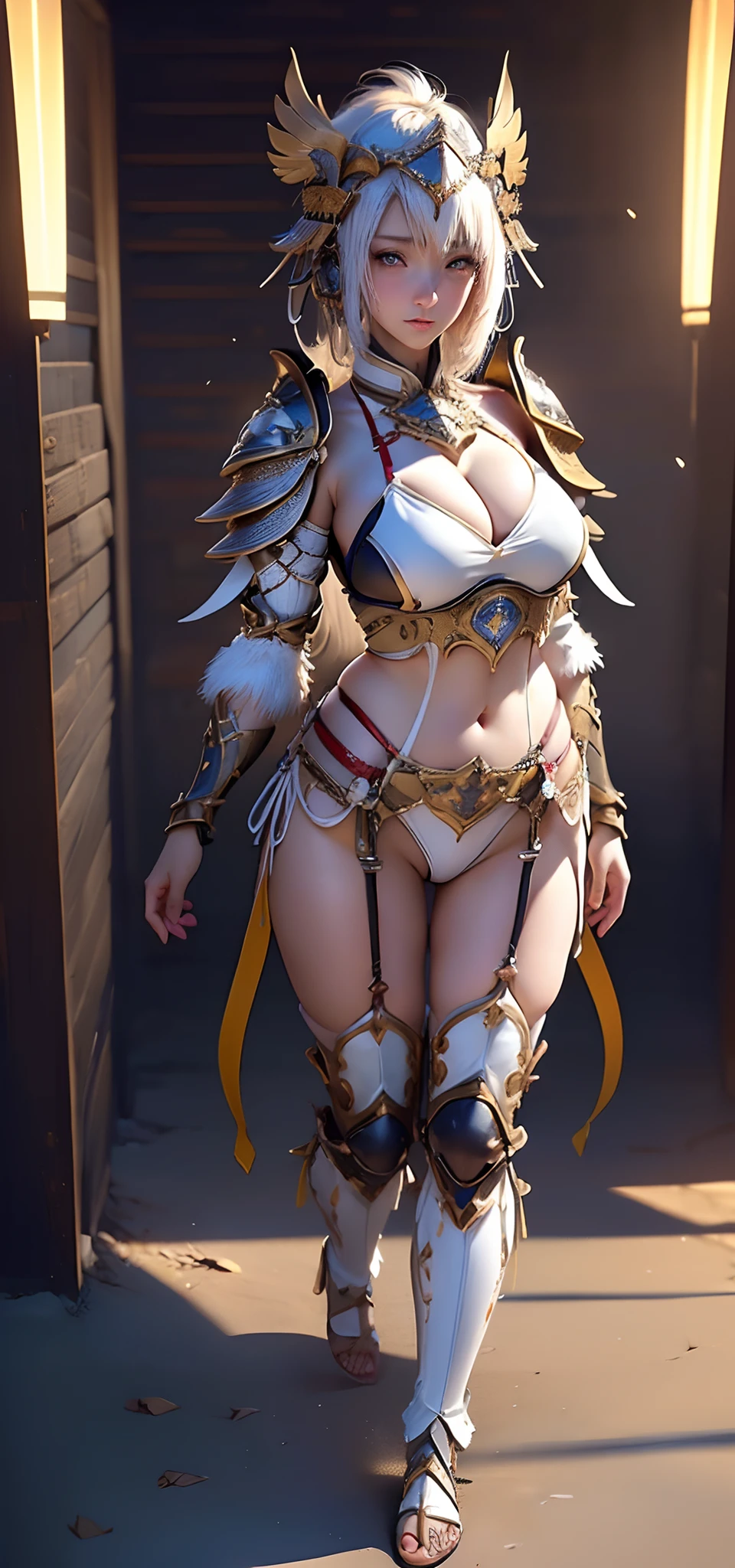 (( (tmasterpiece),(Very detailed CG Unity 8K wallpaper),best qualtiy,cinmatic lighting,细致背景,beatiful detailed eyes,Bright pupils,(Very fine and beautiful),(Beautiful and detailed eyes description),ultra - detailed,tmasterpiece,Look at viewers,hight resolution)), Curly, (Rin々I'm in a good pose), ((Dressed in insanely sexy bikini armor:1.4)), Richly decorated armor, a beautiful woman warrior, Shorthair, Platinum Blonde Hair, cleavage of the breast