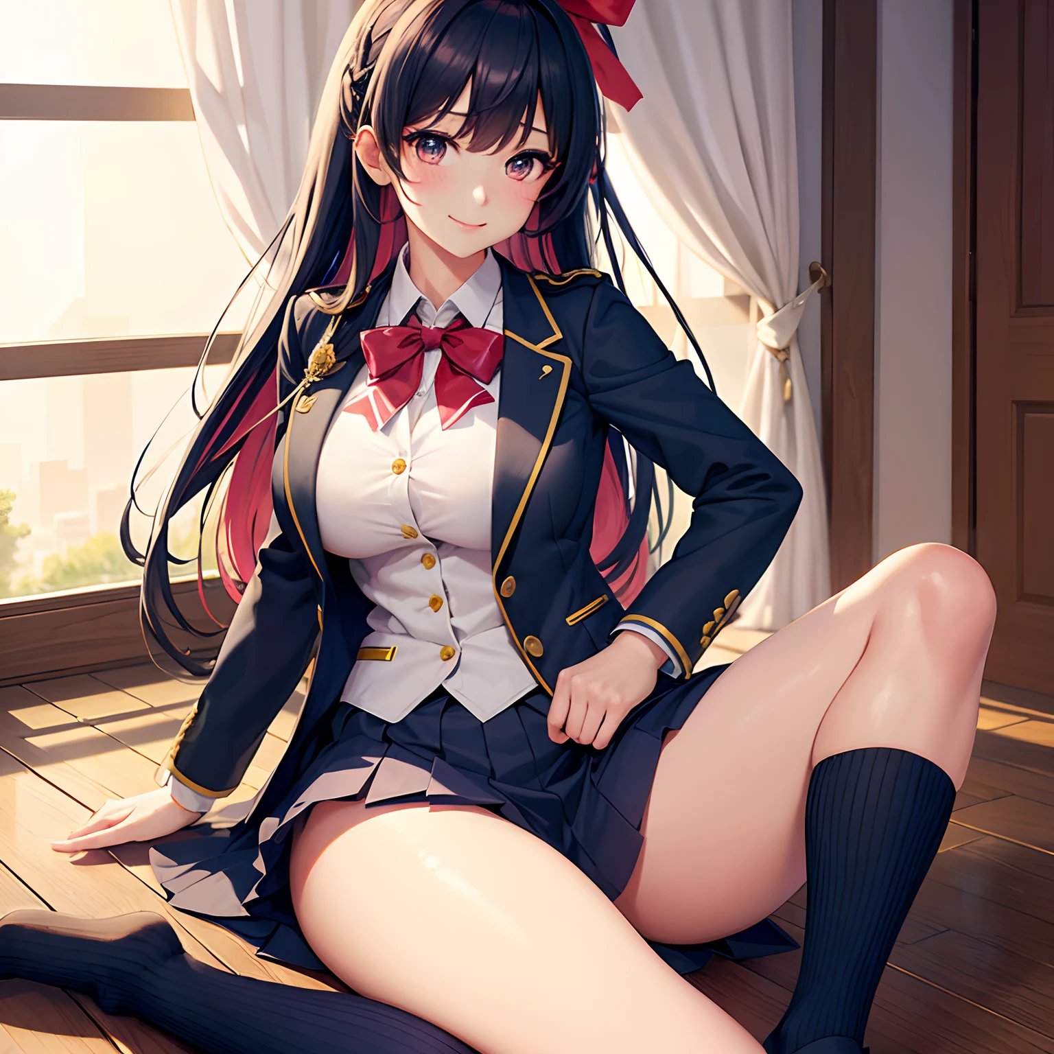 a beauty girl,Ribbon on uniform,blazers,A smile,girl,Long,anime a girl,top-quality,Colossal tits,masterpiece,Excellent style,Erotic Cute,long,超A high resolution,beautiful a girl,Lovely girl,multicolored hair,Loose socks,
