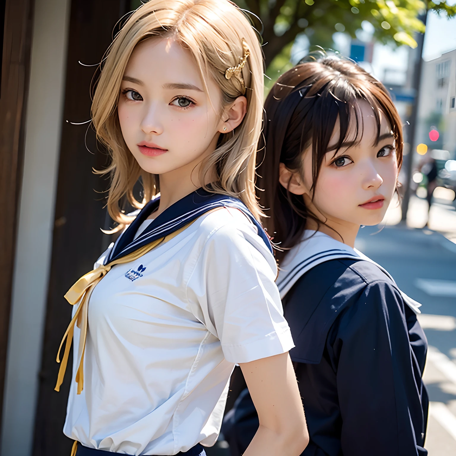 (masutepiece, Best Quality:1.2), 8K, Official art, Raw photo, Full-boded Ville Four、cute butt、Back angle、On the way to take off the uniform、turned around、skinny、years、small tits、unbelievable Ridiculous, (Upper body, 校服、a sailor suit:1.4), Beautiful Girl, Pretty Face, arching back down,、Gold hair ornament on hair、close up, Sailor Suit, Short sleeve, violaceaess, Teen, Street, Looking at Viewer, Film grain, chromatic abberation, Sharp Focus, face lights, Dynamic lighting, Cinematic lighting, Eyes and faces with detailed, Bokeh background,