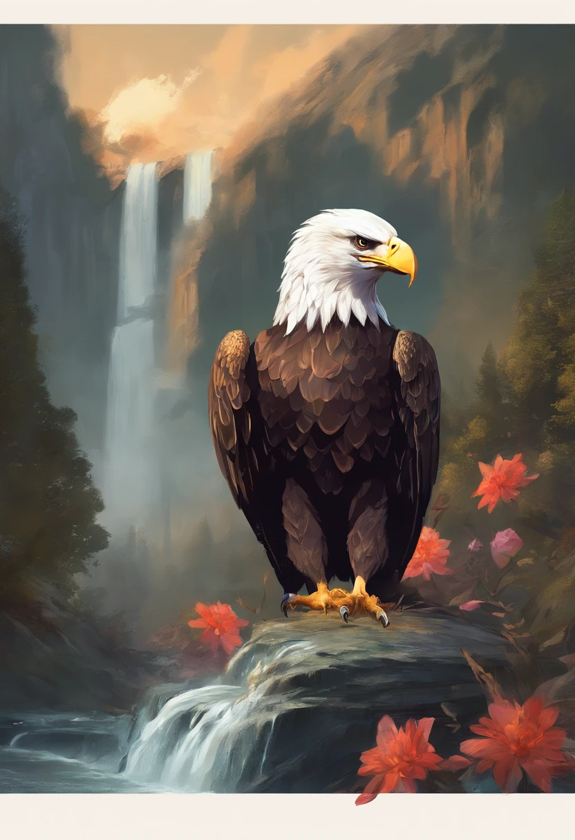 Eagle with a flower in its beak on the background of a waterfall