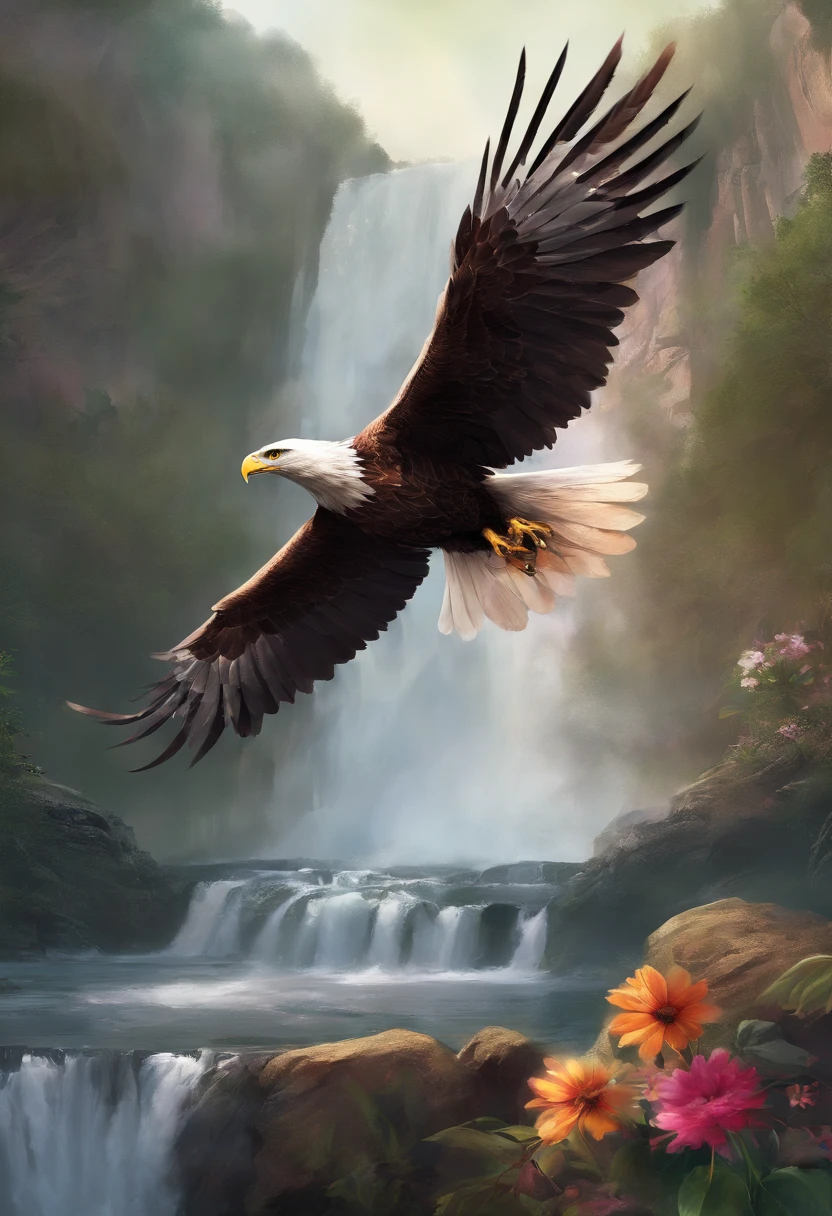 Eagle with a flower in its beak on the background of a waterfall