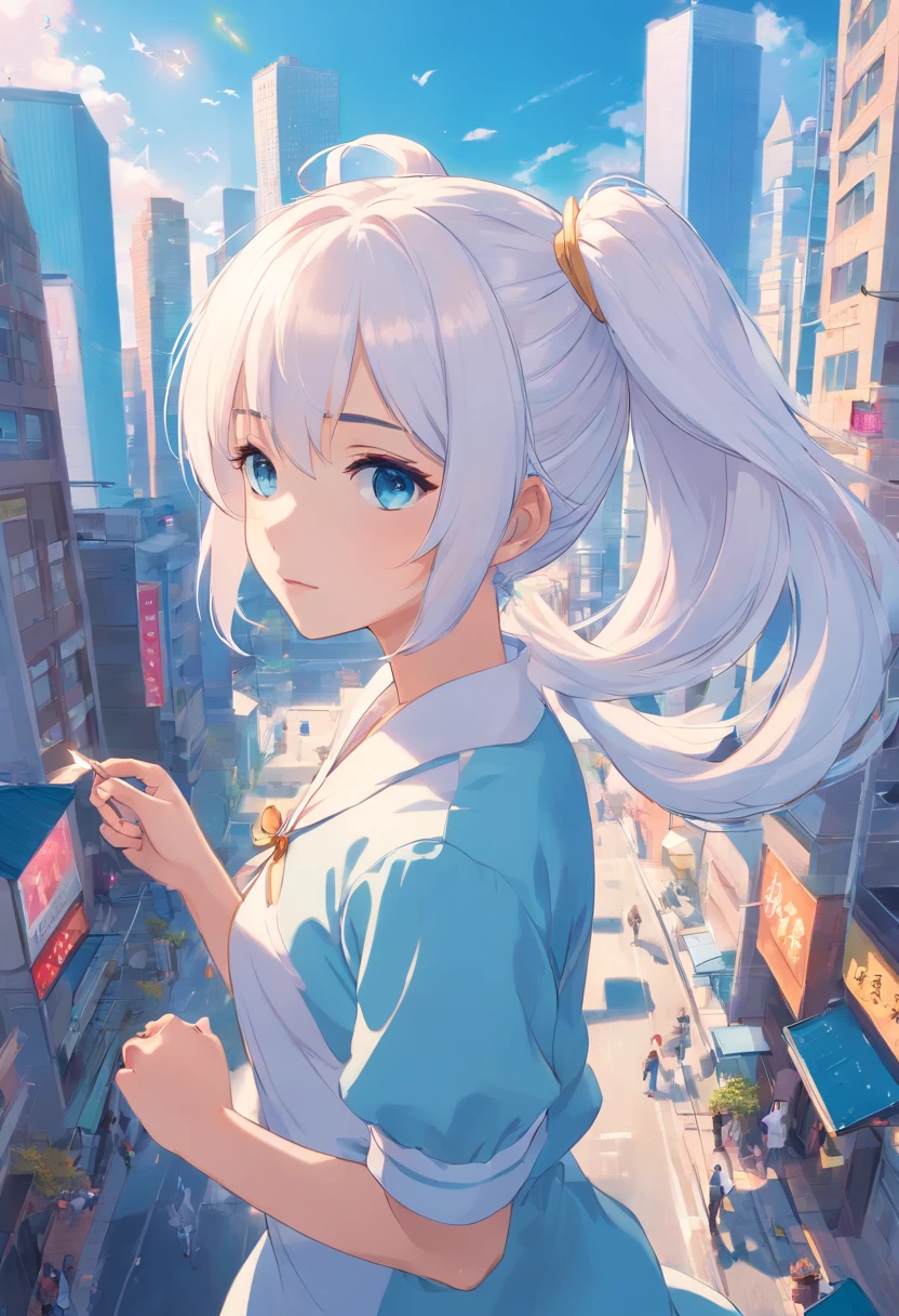 white color hair,double ponytail curls,blue color eyes,White ta,Beth,busy cityscape
