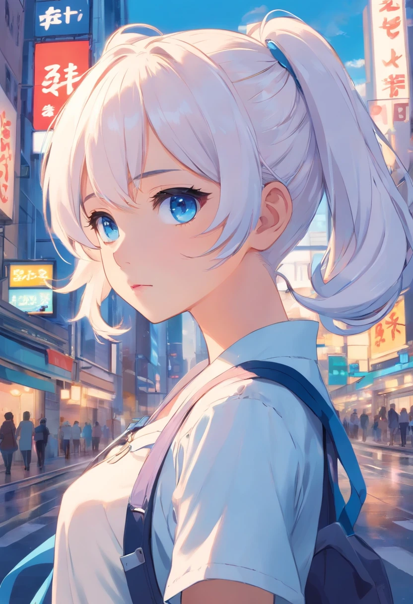 white color hair，double ponytail curls，blue color eyes，White Lolita，Beth，busy cityscape