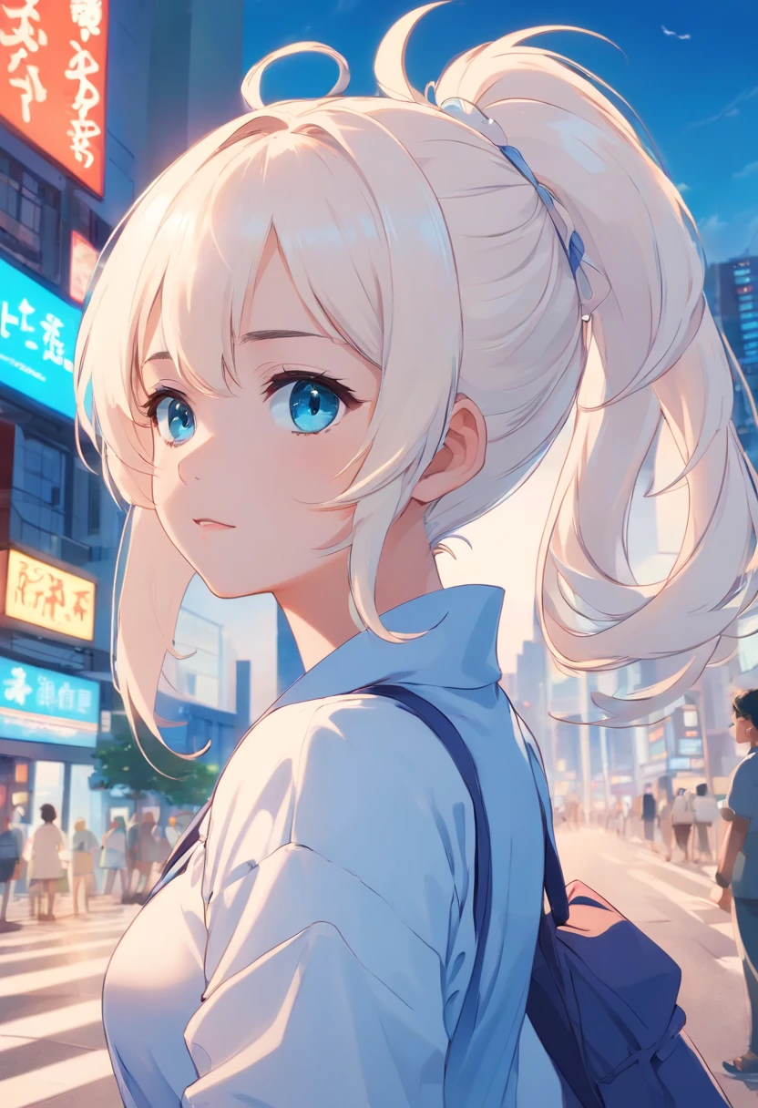 white color hair,double ponytail curls,blue color eyes,White Lolita,Beth,busy cityscape