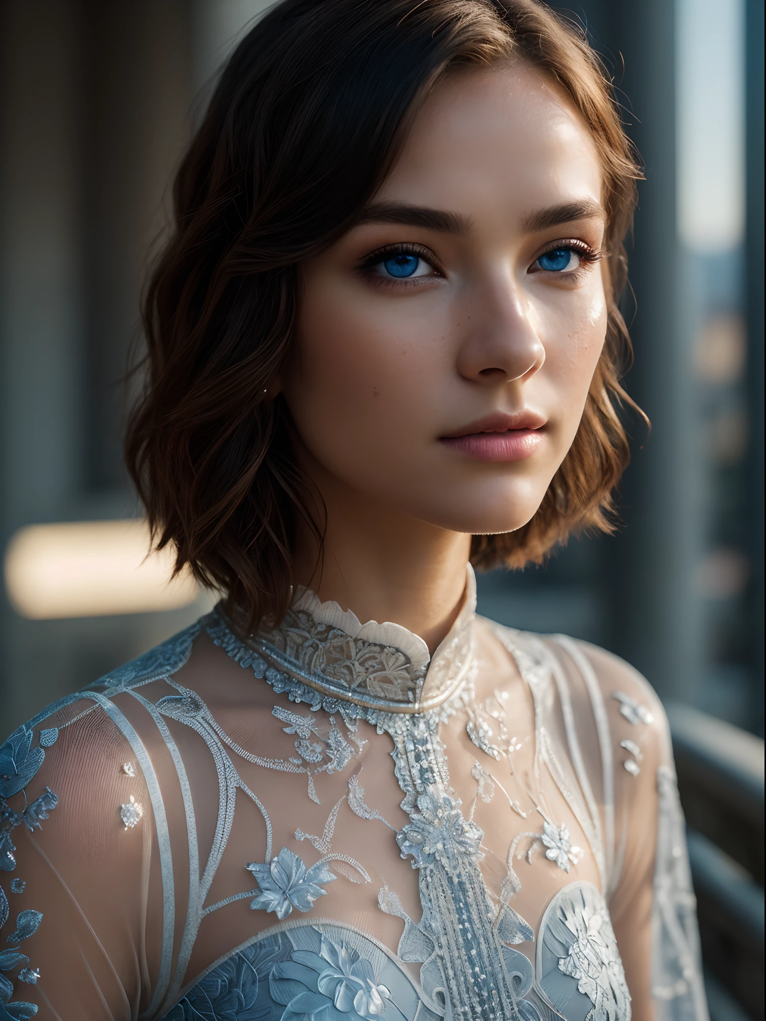 (RAW, analogue, Nikon Z 14mm ultra-wide angle lens, award-winning glamour photograph, ((best quality)), ((masterpiece)), ((realistic)), skin pores, subsurface scattering, radiant light rays, high-res, detailed facial features, high detail, sharp focus, smooth, aesthetic, extremely detailed, (extremely detailed eyes, extremely detailed iris), extremely detailed hair, extremely detailed skin, extremely detailed clothes, octane render, photorealistic, realistic, post-processing, max detail, realistic shadows, roughness, natural skin texture, real life, ultra-realistic, photorealism, photography, 8k UHD, photography, hdr, intricate, elegant, highly detailed, sharp focus, stunning, beautiful, gorgeous), (masterpiece:1.2, best quality1:1, ultra-detailed:1.2, best shadow, 8k:1.1), (massive city:1.3, rooftop:1.1, city structures below, handrails), (contrasting background, bright background), (beautiful detailed face), high contrast, (perfect illumination:1.2, beautiful color, delicate color), ((cinematic light)), colorful, hyper detail, dramatic light, intricate details, dynamic angle, (1 girl), solo, caucasian, brown hair, short hair, wavy hair, (blue eyes)