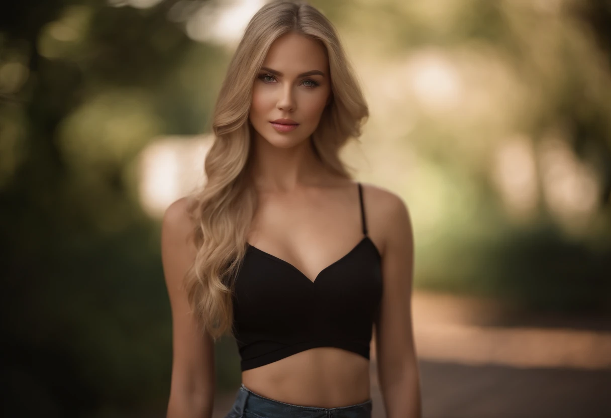 professional, (4k photo:1.1) by (Jeremy Lipking:0.3), (Dittmann Anna:0.3), (Arian Mark:0.3), (Sharp focus:1.3), high detail, wearing (tight shirt:1.2), beautiful detailed face, hazel eyes, long blonde hair, (attractive young woman:1.3), (seductive:1.1), (blushing:1.1), hourglass body shape, small round breasts, wide hips