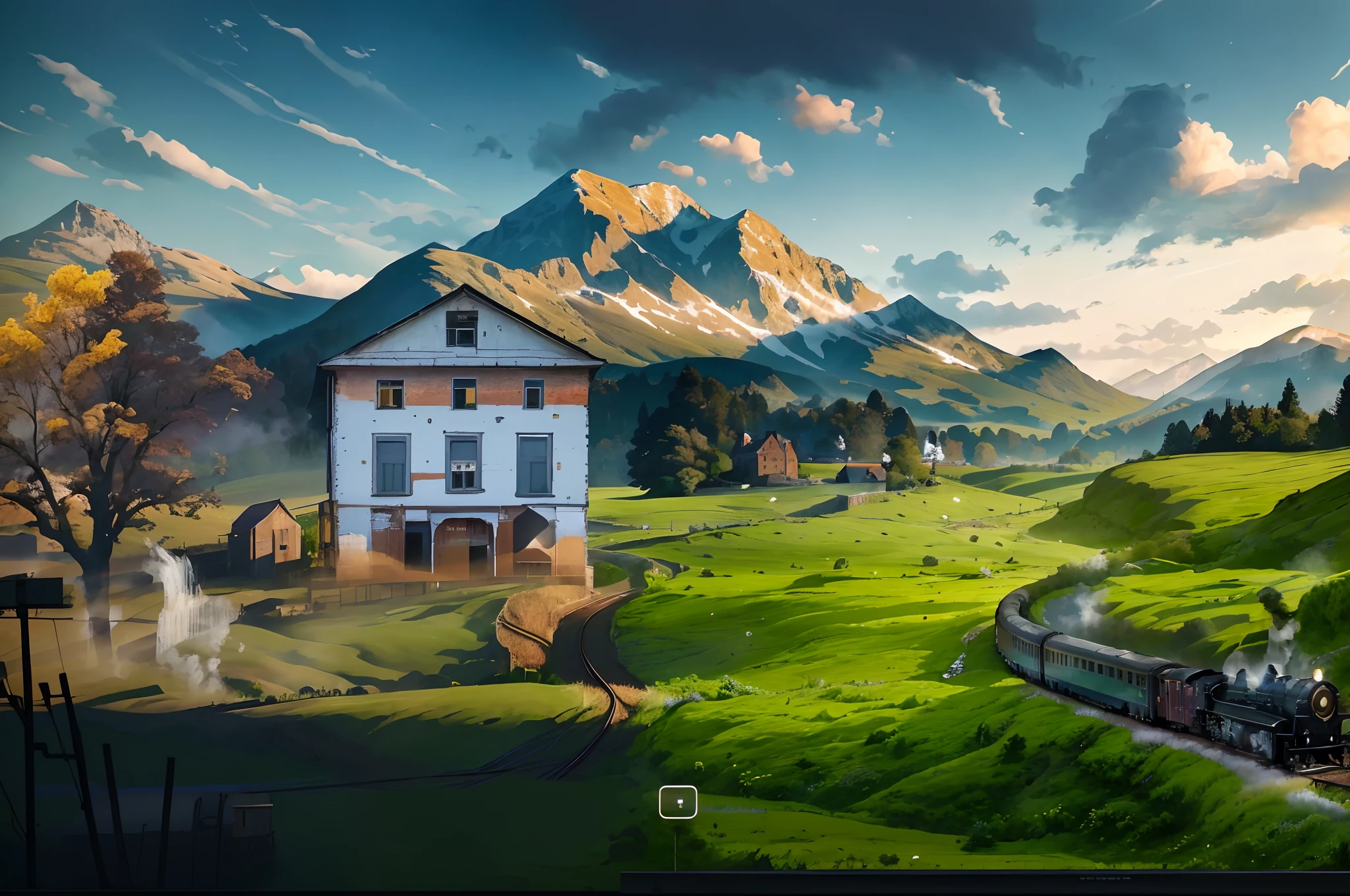 painting of a train traveling through a rural countryside with a house, amazing wallpaper, 4 k hd illustrative wallpaper, 4 k hd wallpaper very detailed, 4k highly detailed digital art, screenshot 4k, 4 k hd wallpaper illustration, beautiful wallpaper, 3 d render and matte painting, wallpaper hd, high quality desktop wallpaper, stylized digital art, pc screenshot