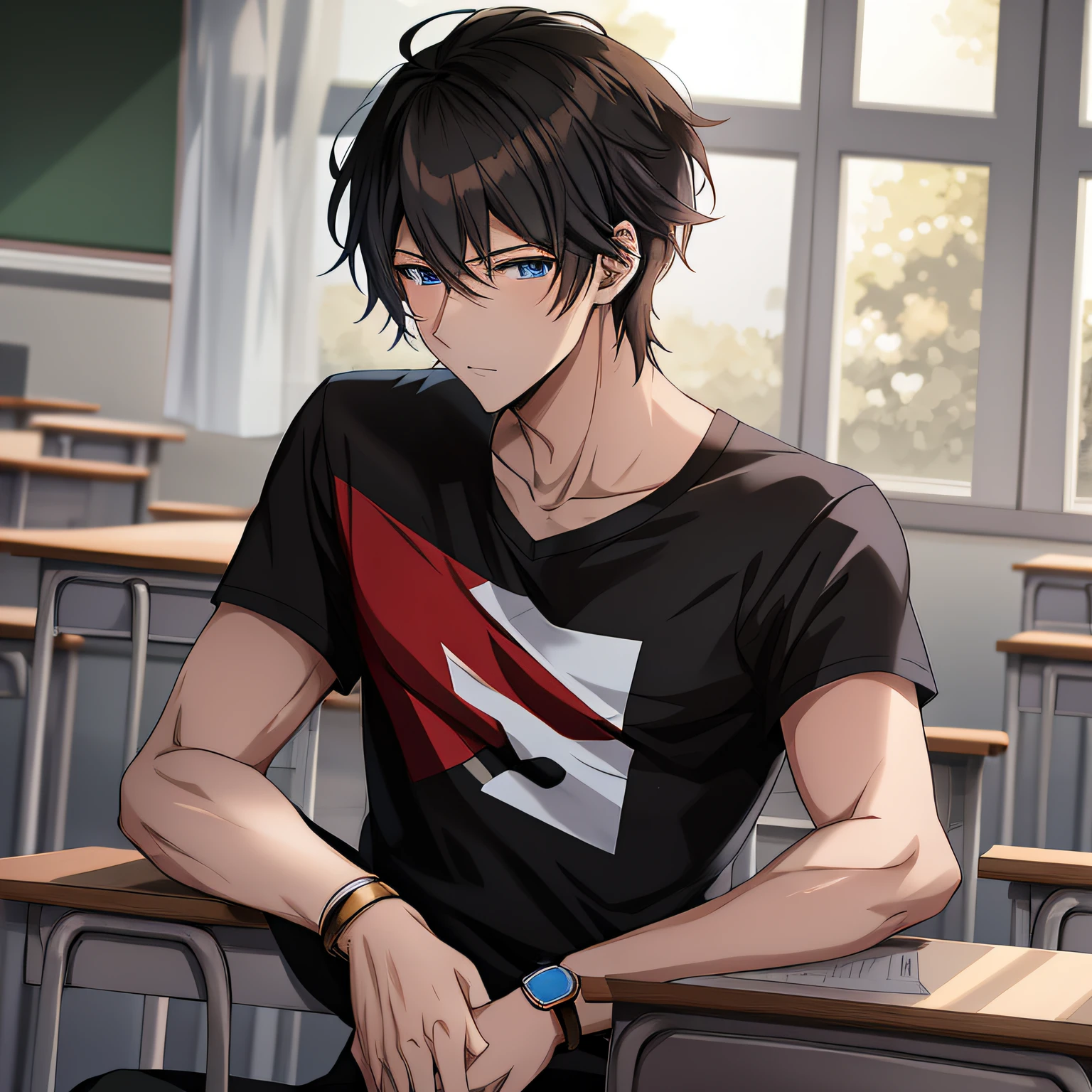 Anime boy sitting in classroom,with hands resting on knees, Handsome anime pose, Anime handsome man, Tall anime guy with blue eyes, young anime man, Male anime style, Smooth anime CG art, male anime character, handsome japanese demon boy, Kawasi, Anime portrait of a handsome man, handsome guy in demon killer art, semi realistic anime, Badass anime 8 K