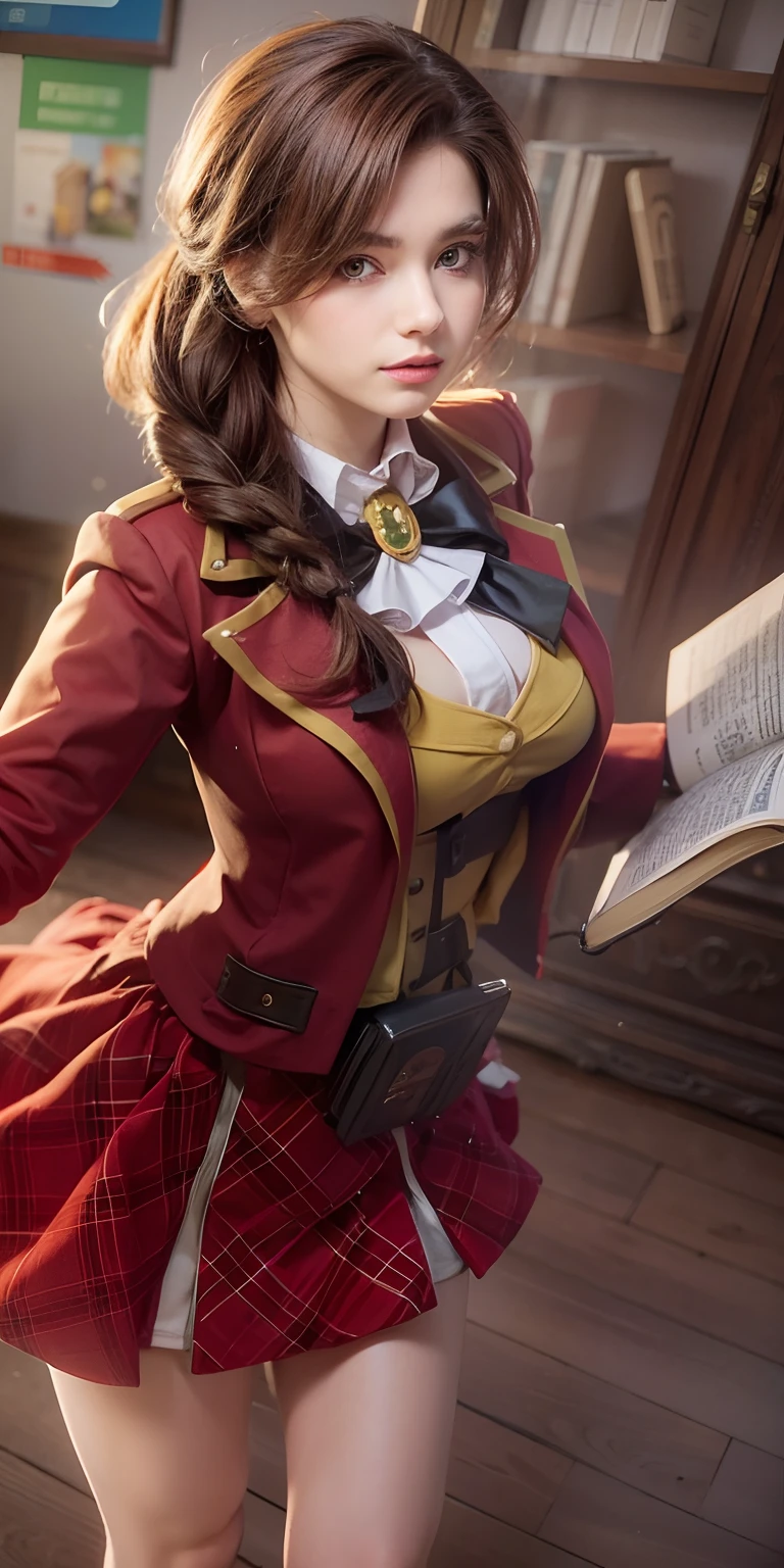 Girl with red uniform, brown hair , big breast,red mini skirt. inside Classroom, library