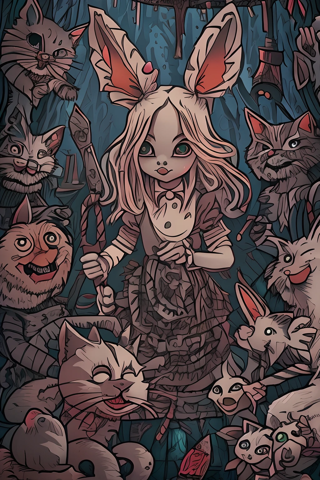 Image Alice in Wonderland Horror Style Kids , Horror-style Chester Cat, Matte and dark colors, Girl in scary and scary scenes,Hareful,murder,lethal weapon,bloods