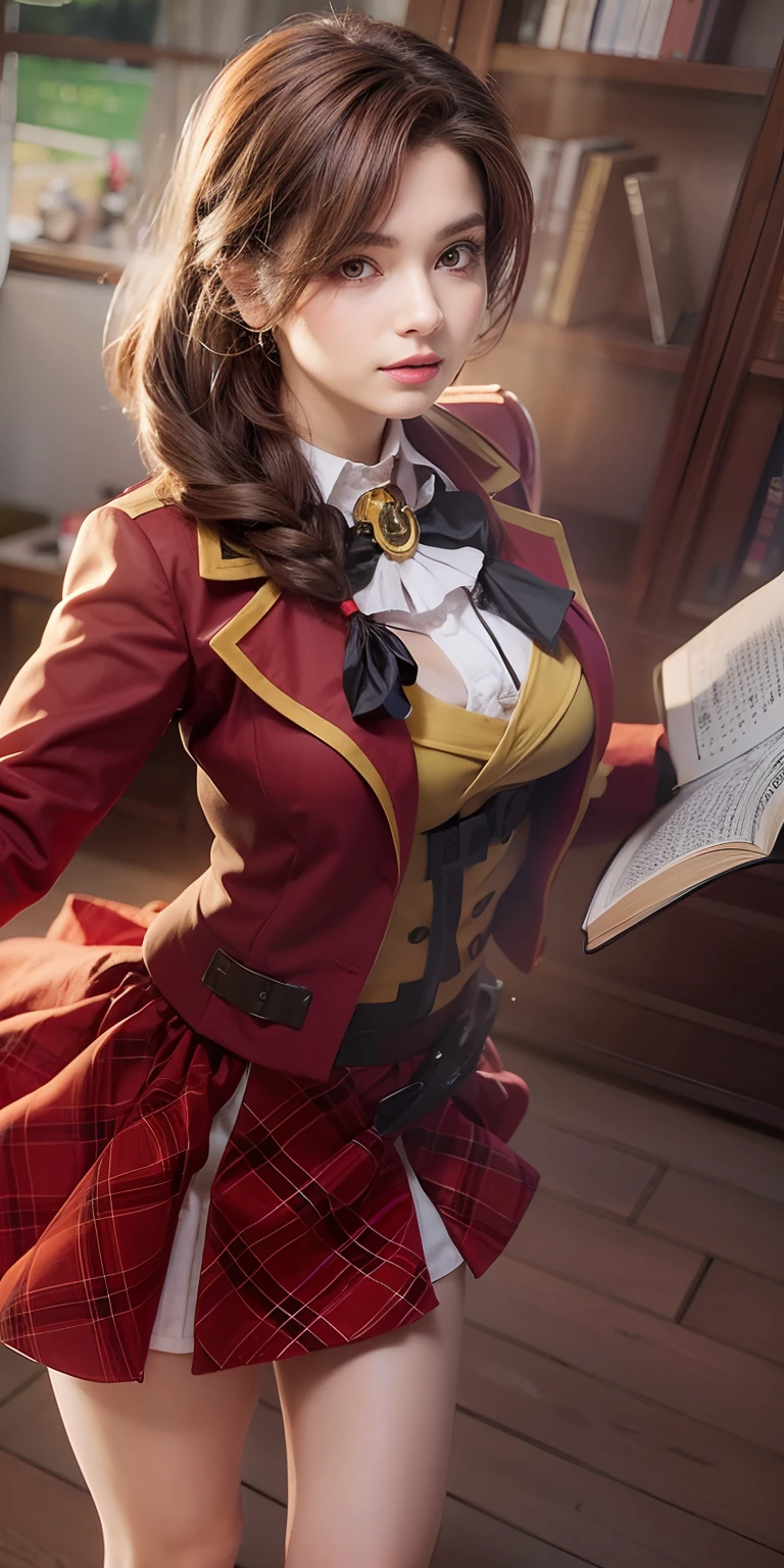 Girl with red uniform, brown hair , big breast,red mini skirt. inside Classroom, library