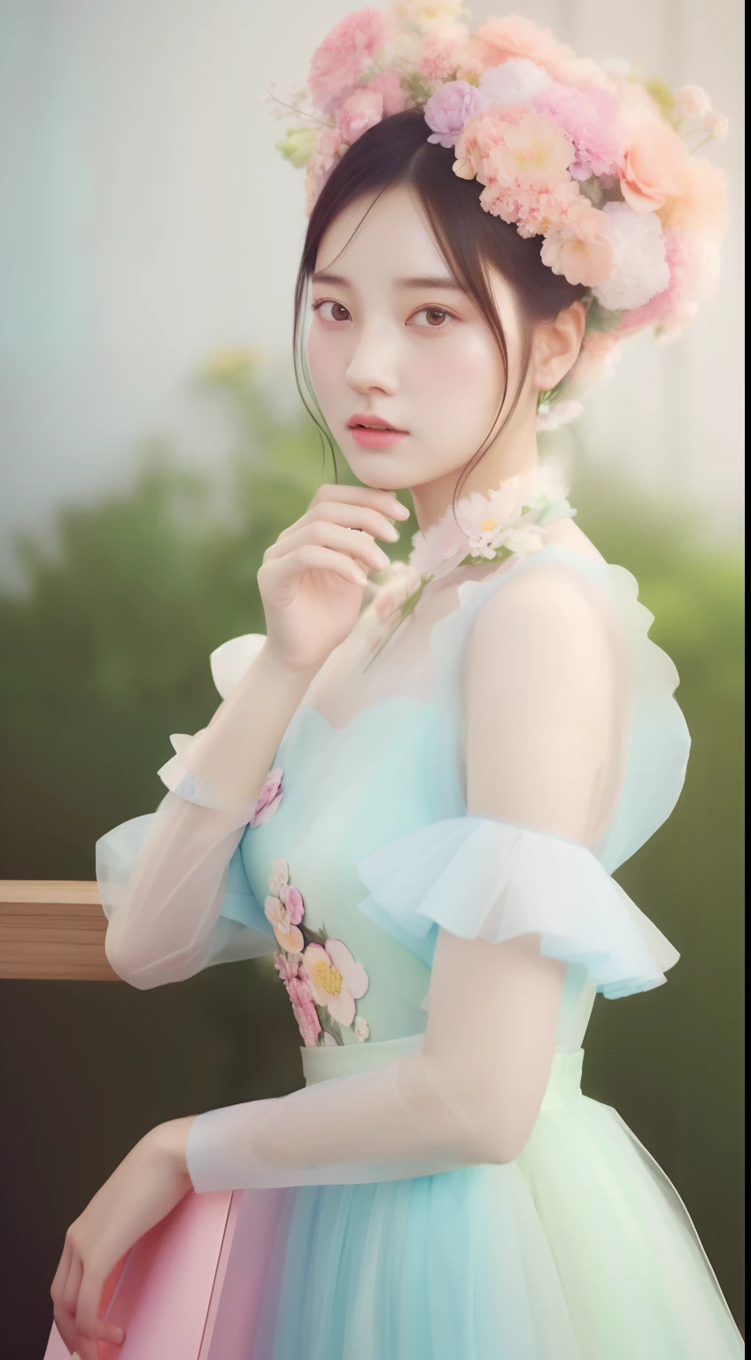 Women in pastel color dresses,Wearing flowers on his head, artgerm and ruan jia, artgerm and atey ghailan, Draw beautiful characters, Humph Girls, ruan jia and artgerm, beautiful digital works of art, Highly detailed artgerm, Authors:Luangjia、