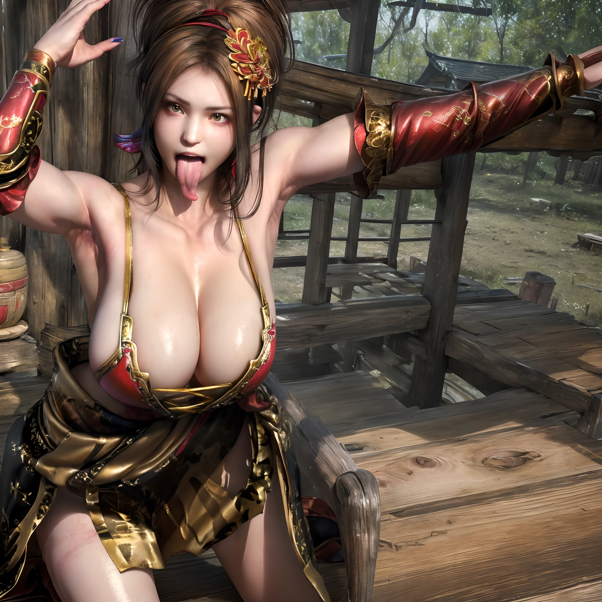 (masterpiece, Best Quality, 32K HDR, High resolution), Light blush, Detailed pupils, (squat down:1.1, Exposed shaved armpits:1.4, Tongue out:1.45, long tongue:1.45), (huge tit:1.3, Huge boobs:1.3, huge cleavage:1.3, Huge breasts:1.3, Exposed nipples ), Beautiful woman girl, (Skin Dentation:1.2), Shiny skin, (Photorealistic:1.1), Abandoned cabins in China, Detailed face, Detailed skin texture, Detailed eyes,