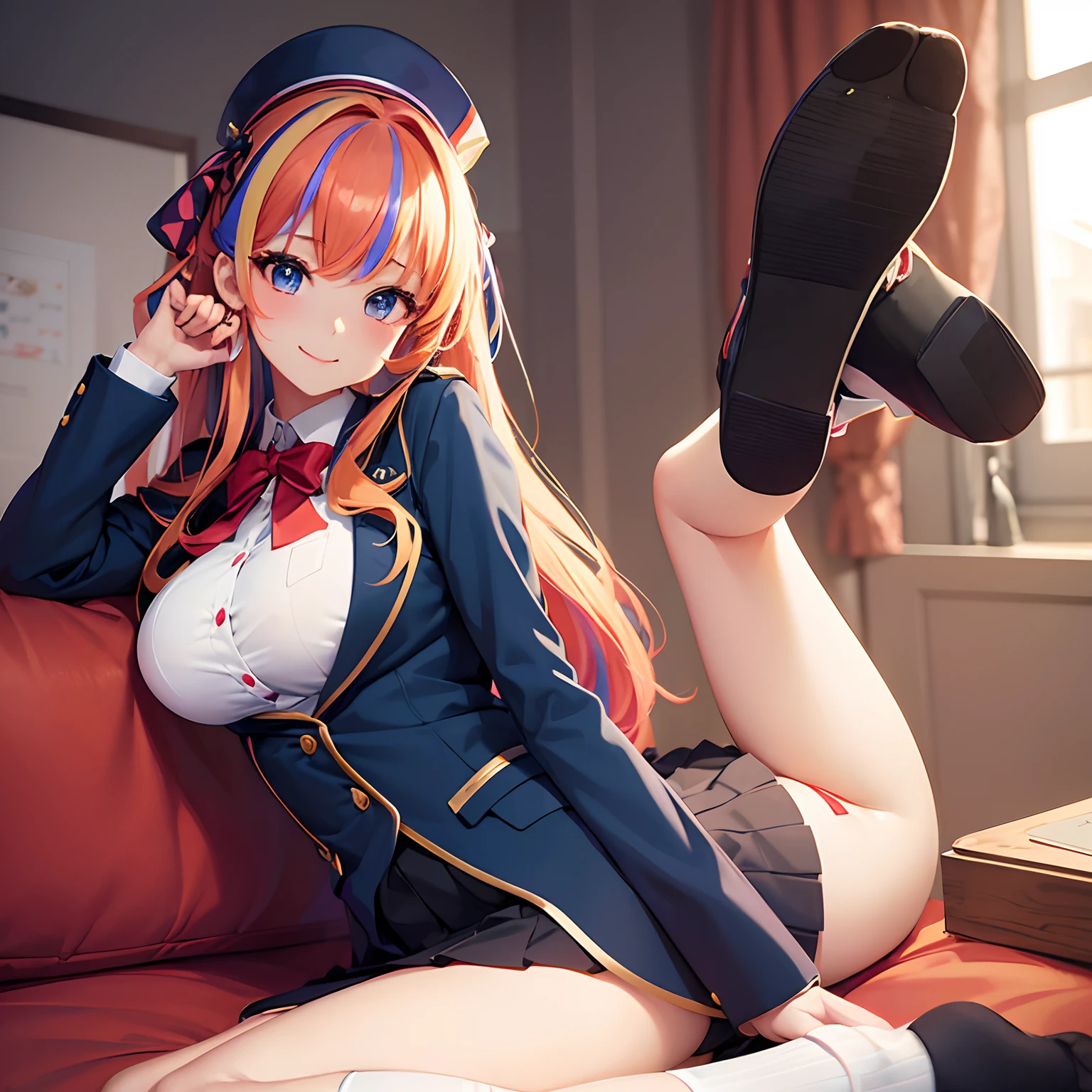 a beauty girl,Ribbon on uniform,blazers,A smile,girl,Long,anime a girl,top-quality,Colossal tits,masterpiece,Excellent style,Erotic Cute,long,超A high resolution,beautiful a girl,Lovely girl,multicolored hair,Loose socks,