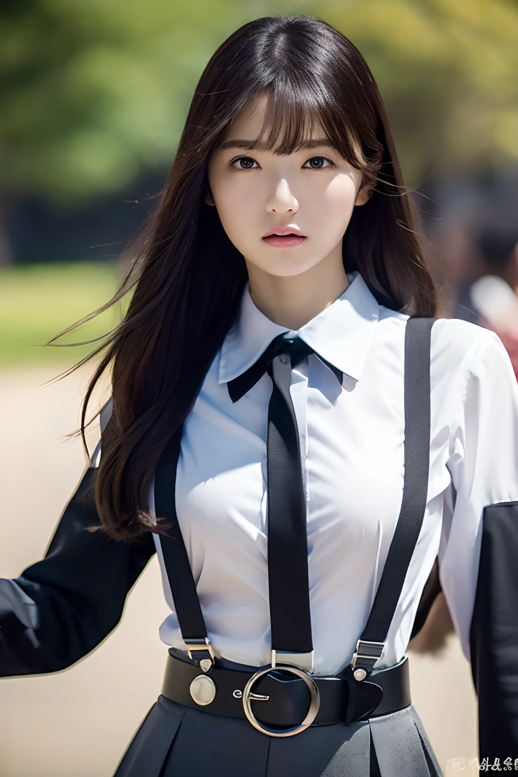 masterpiece、flat-colors、depth of fields、lens flare 1 girl、、Brown hair、watching at viewers suspenders large full breasts Armpit sweat perspiring Side of both hands walls: Black pants, Black jacket holster arm Reholster arma Gaze Small face Bangs Suspenders