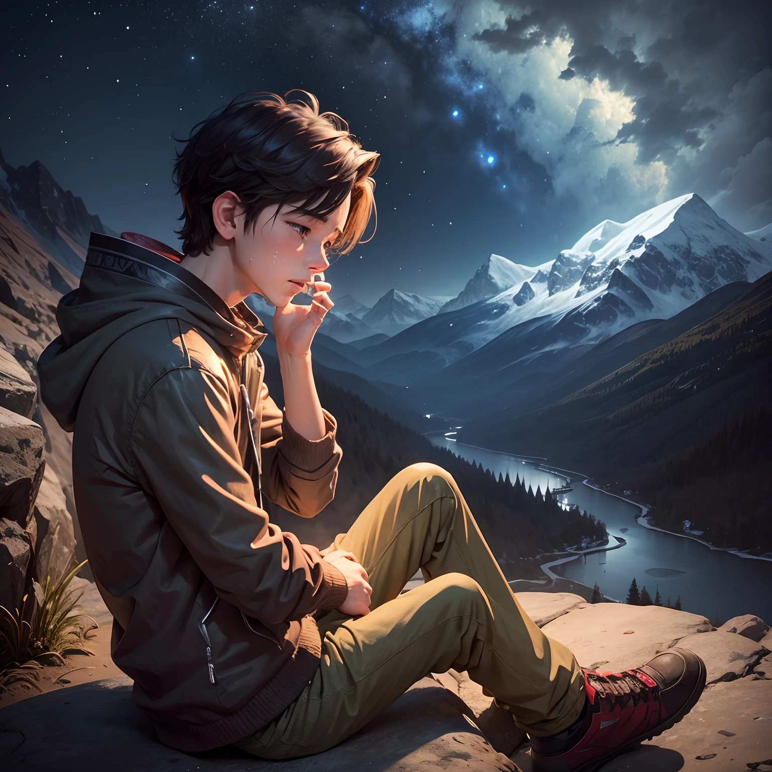 At night a boy sitting alone in mountain side and crying for someone special of his life .