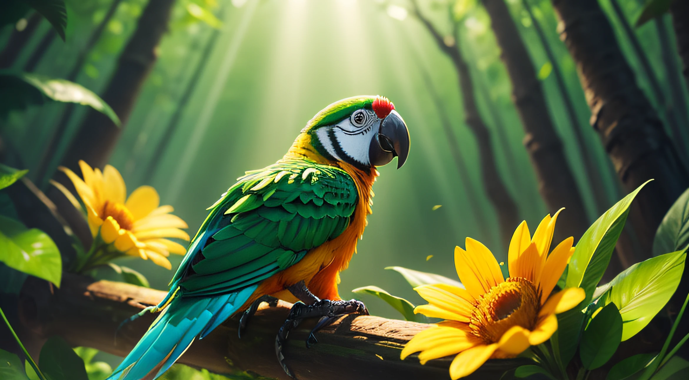 close up of a parrot in a verdant forest, pixar style, high quality, amazing sunray, pretty flowers around, orange flowers around, bird beside view