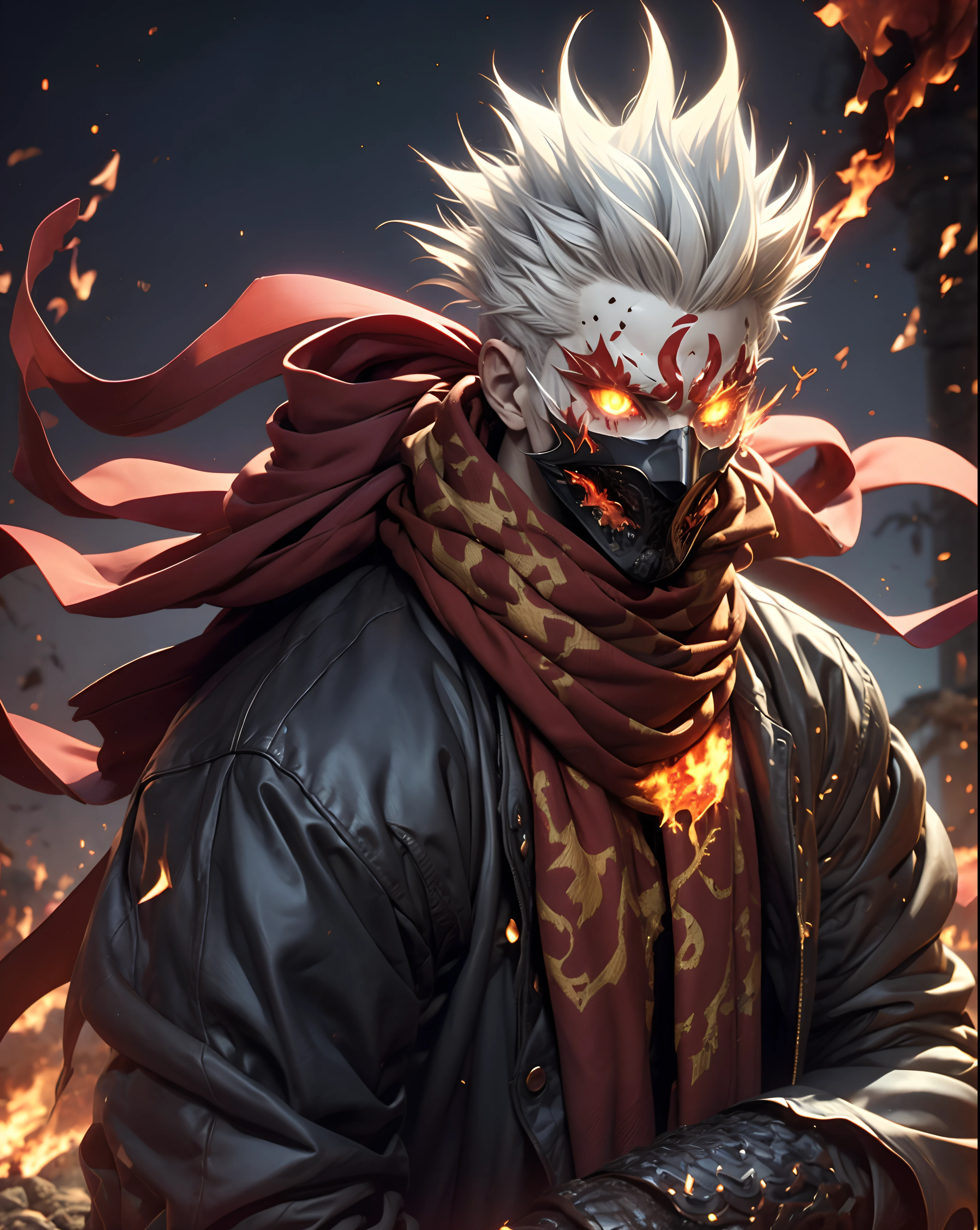 a white-haired, red-eyed man with a head of fire and a black jacket, engulfed in turbulent flames, fire behind him, detailed digital anime art, Nagito Komaeda, engulfed by flames, holy flame spell, handsome guy in demon slayer art, flaming hair, by Yang J, flaming wreath, completely composed of fire, hair made of fire, (((flames on hands))), (((flaming eyes)))