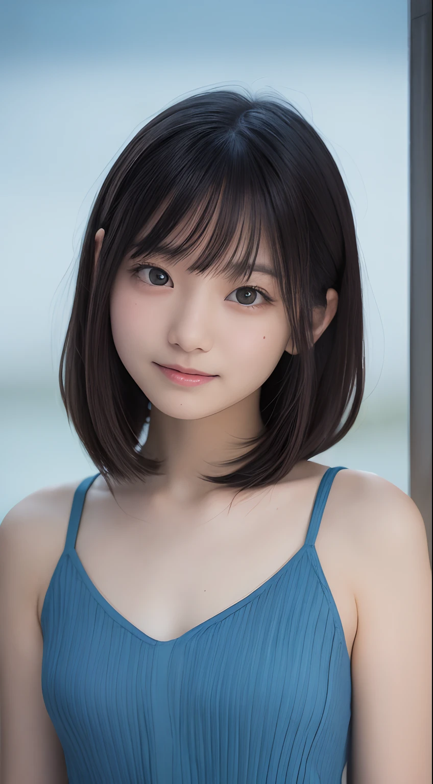 masutepiece, Best Quality, 8K, 8ars old, Teen, Raw photo, absurderes, award winning portrait, Smile, Solo, (Night:1.8), Idol face, Delicate girl, Upper body, Digital SLR, Looking at Viewer, Candid, Sophisticated,Thin arms, Professional Lighting, Film grain, chromatic abberation, (Eyes and faces with detailed:1.0), (Bokeh:1.1) , (Light Blue Dress:1.1) , closes mouth , A dark-haired , drooing eyes , Average-sized breasts