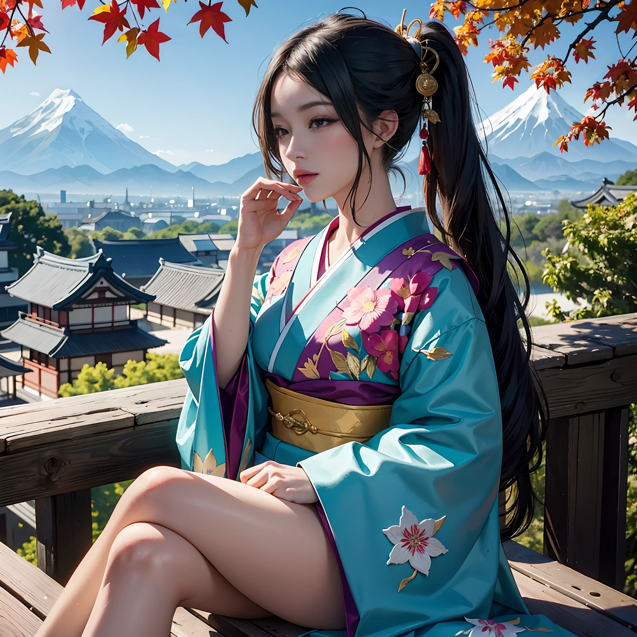 BRAEK,Background of details(a park(I can see the mountains(Colored leaves))),BREAK,elaborate costume{Luxury kimono(Colorful kimono(detailed embroidery,))}、1womanl(Japanese actressl:1.2)(face perfect(Shy):1.2),Depicting a beautiful and classy adult woman,glossy dark hair(poneyTail:1.2),Heart in the eye, Wallpapers 16K,Blur the background with a sickle,((masutepiece)), ((Best Quality)),{{a portrait photo of}},full body Esbian
