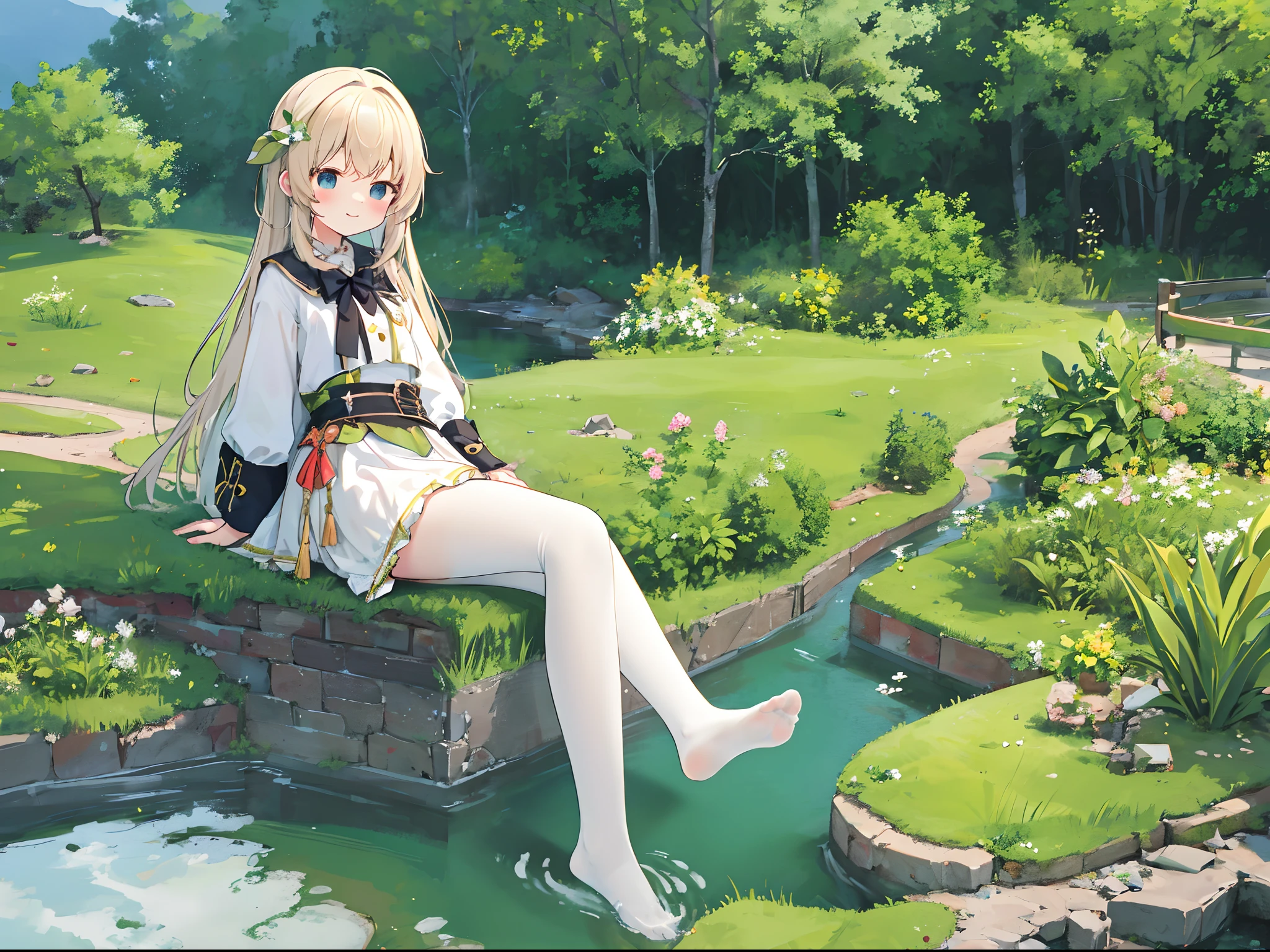 NSFW，Clouds， ln the forest，mountain ranges，koyama， Small lake，Masterpiece, Best quality, Highly detailed,Masterpiece,Best quality,offcial art,Extremely detailed Cg Unity 8K wallpaper，{{{Giantess}}}，Giant，1girll，Miniature village，Destroyed villages，without wearing shoes，smiling expression，Sitting in the forest ，Soak your feet in the lake，The lake water emits steam，