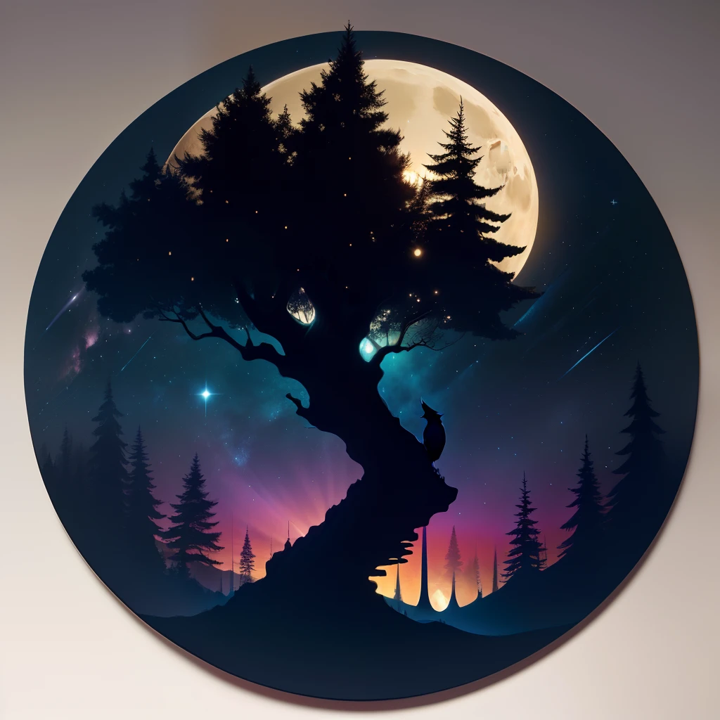 A silhouette print of a lush forest at night. The full moon shines in the starry sky, illuminating the tall trees, creating a contrast between the dark shadows and the details of leaves and branches. The stars form constellations around the moon, and an owl perched on one of the branches looks down with bright eyes. At the base of the print, the tree roots subtly blend into the shape of distant mountains.