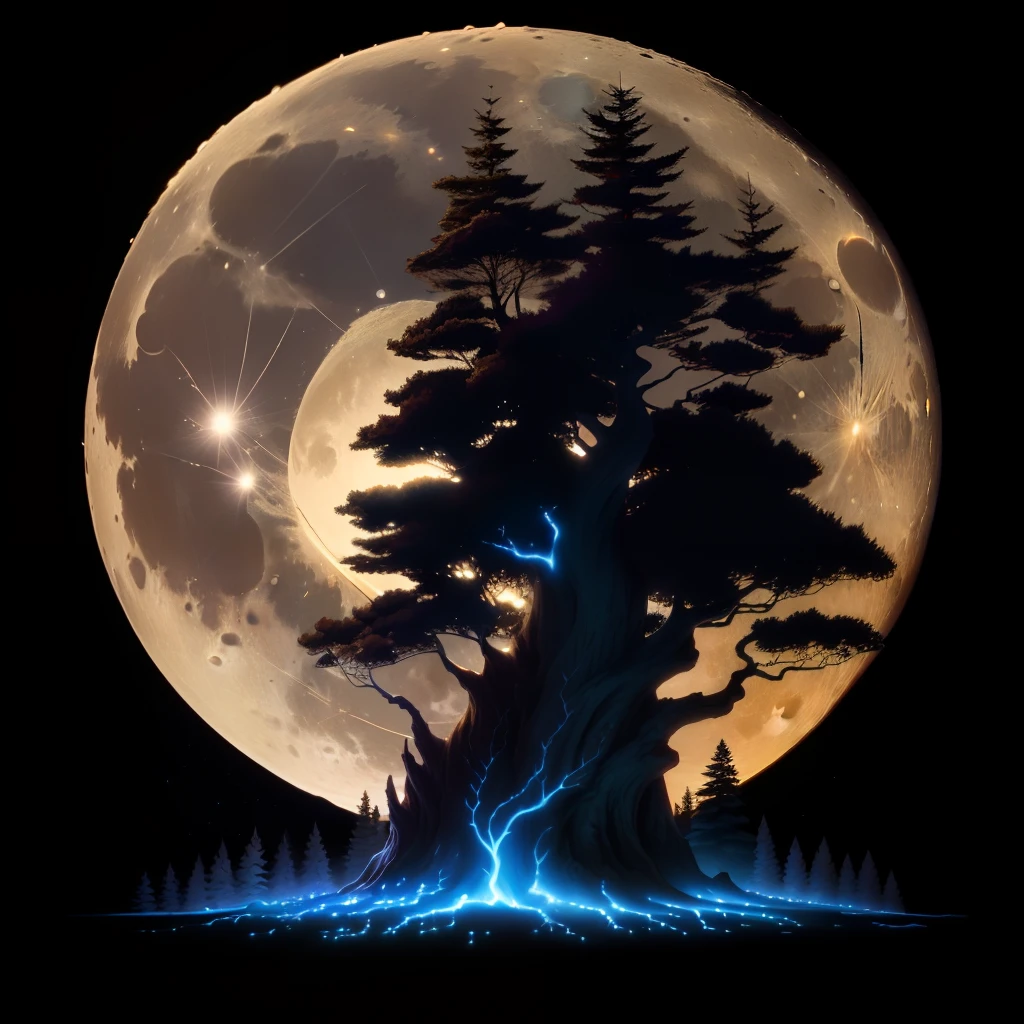 A silhouette print of a lush forest at night. The full moon shines in the starry sky, illuminating the tall trees, creating a contrast between the dark shadows and the details of leaves and branches. The stars form constellations around the moon, and an owl perched on one of the branches looks down with bright eyes. At the base of the print, the tree roots subtly blend into the shape of distant mountains.